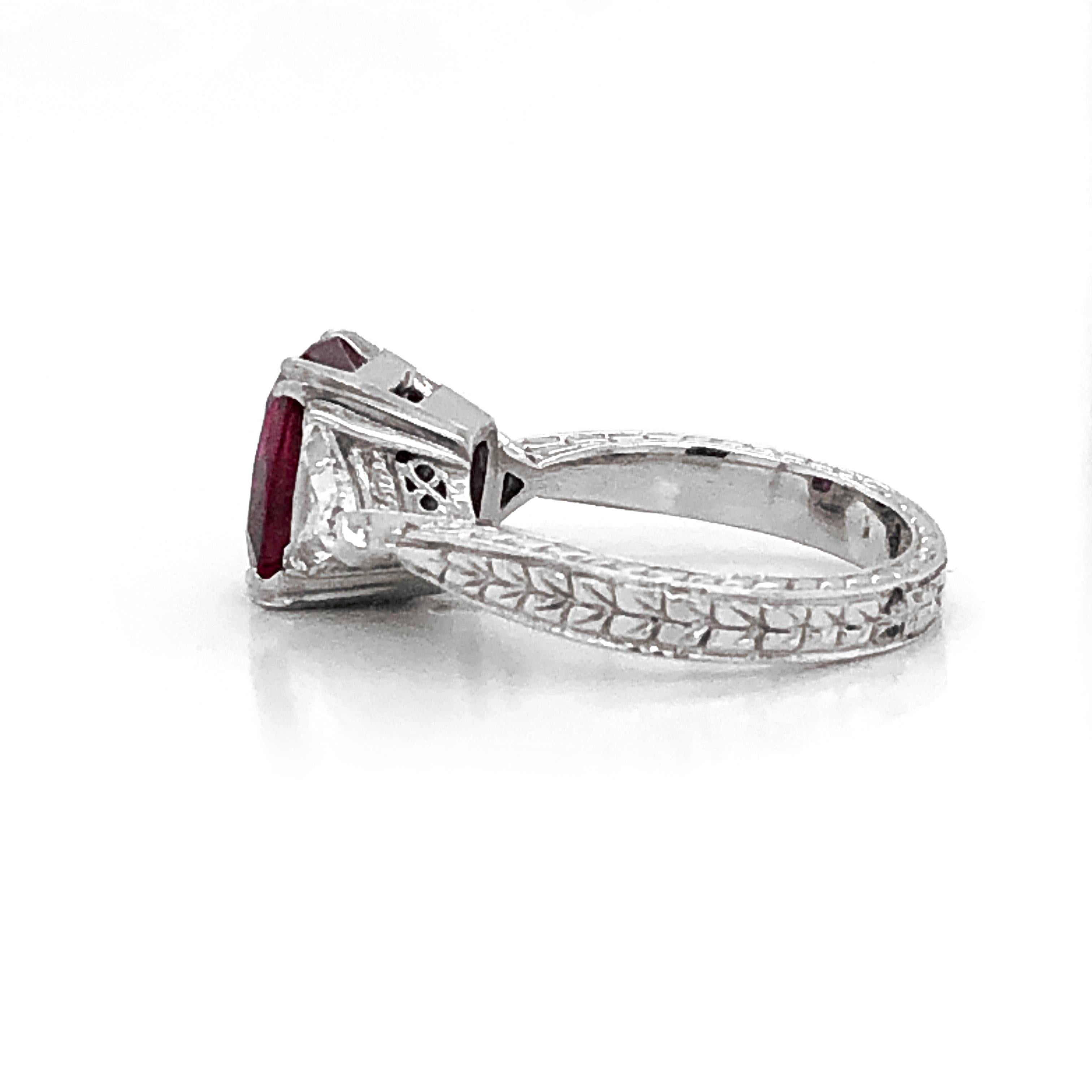 Women's Certified Burmese Cushion Ruby 3.60 Carat Diamonds Platinum Ring For Sale