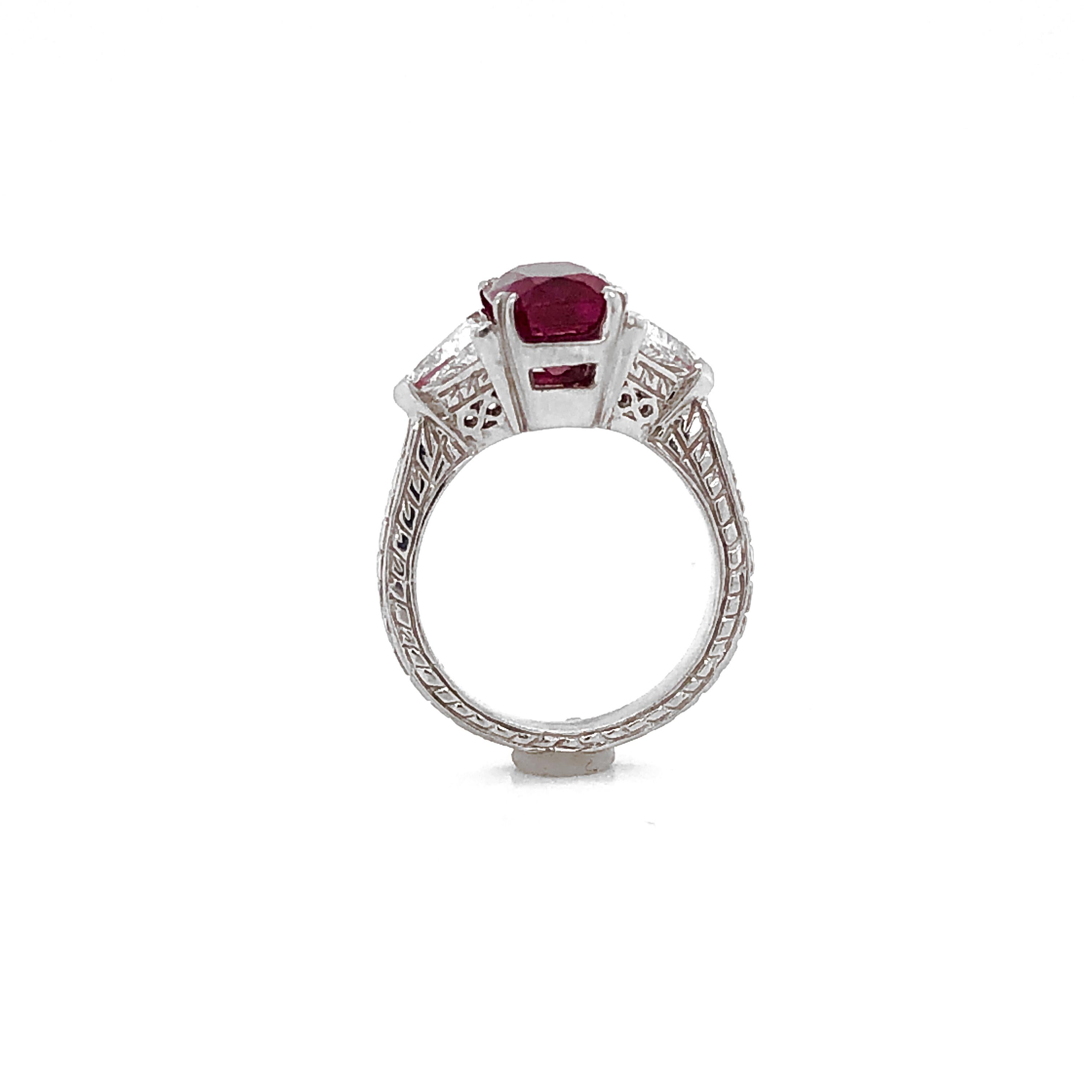 Certified Burmese Cushion Ruby 3.60 Carat Diamonds Platinum Ring For Sale 2