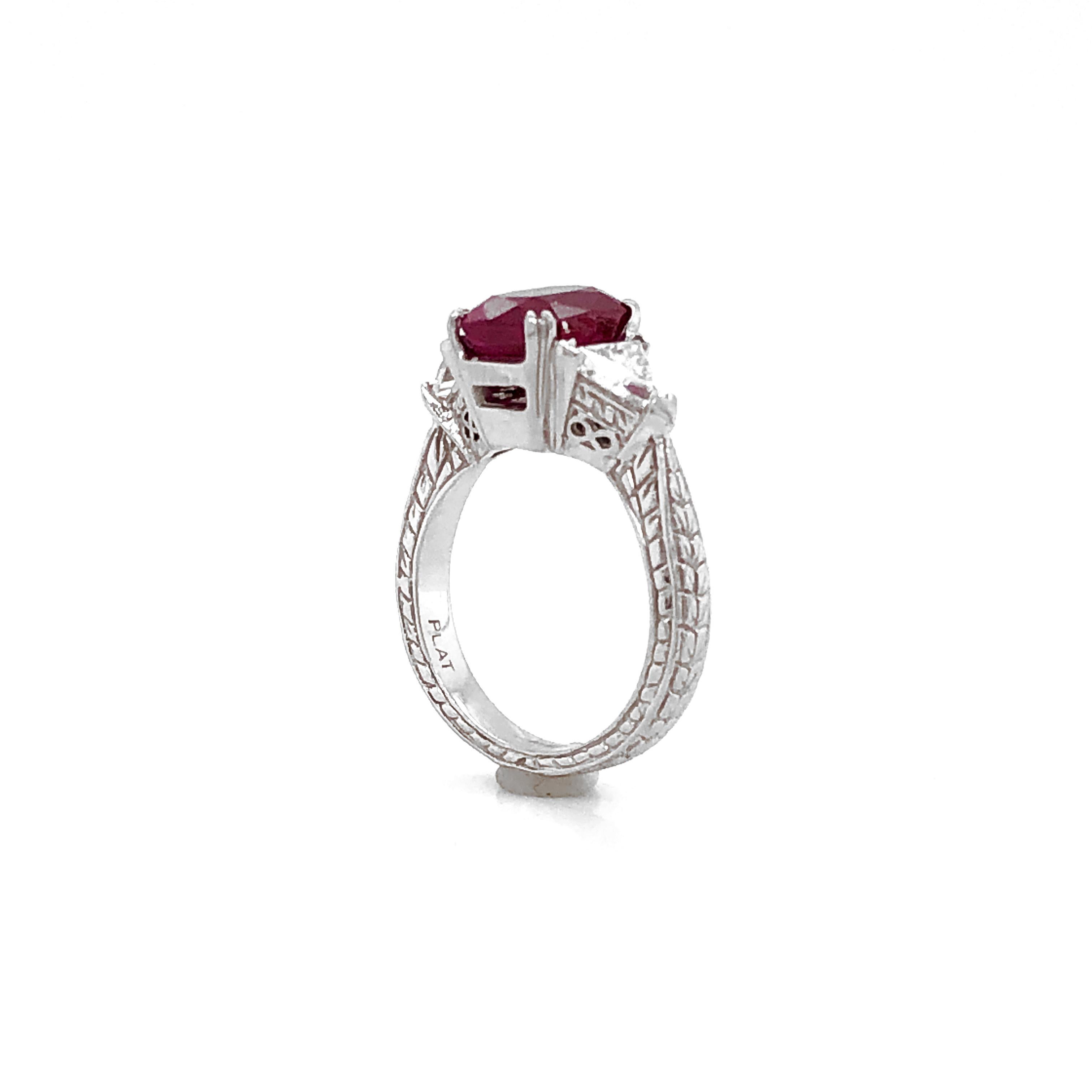 Certified Burmese Cushion Ruby 3.60 Carat Diamonds Platinum Ring For Sale 3