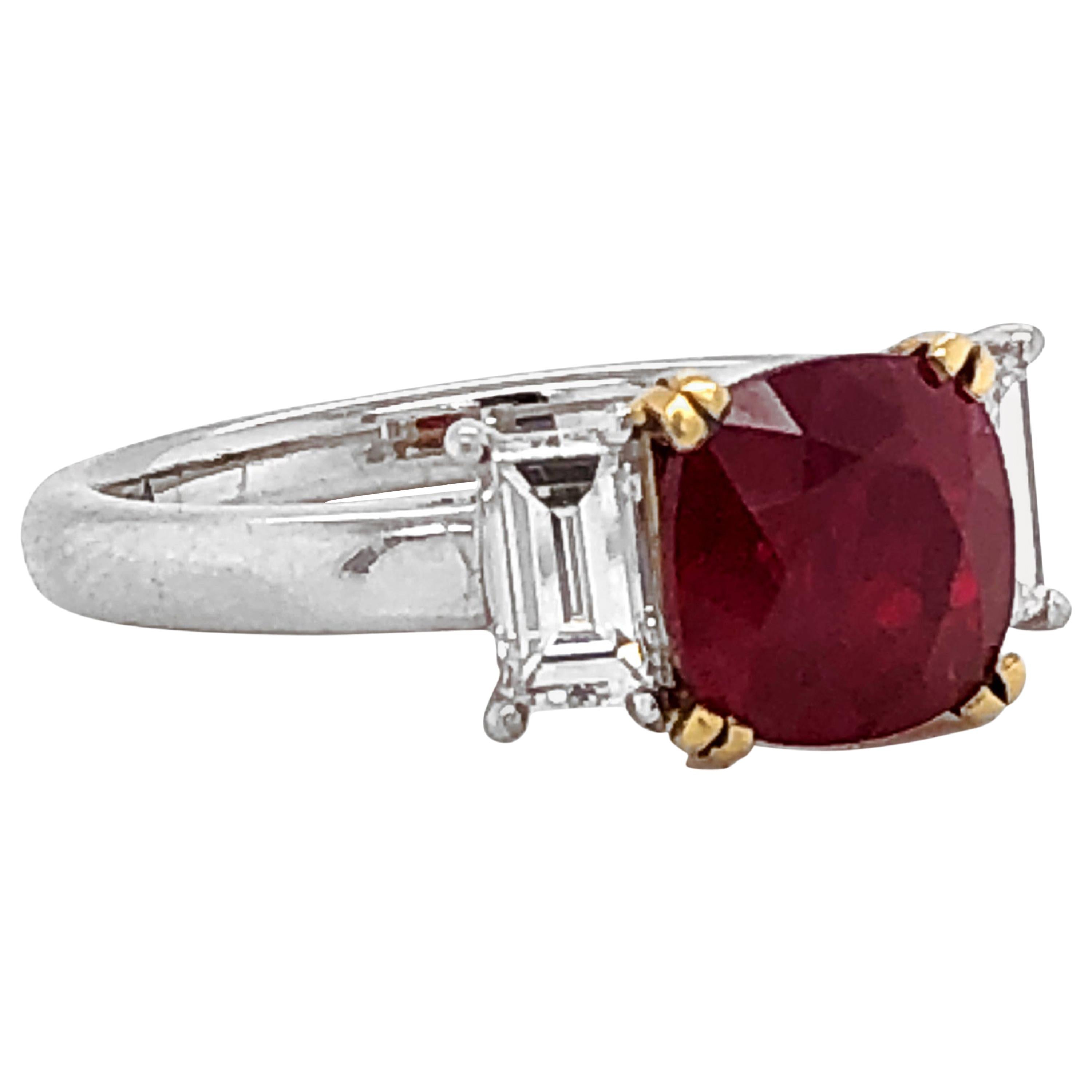 Certified Oval Burmese Ruby 2.48 Carat Baguette Diamond Platinum Cocktail Ring For Sale