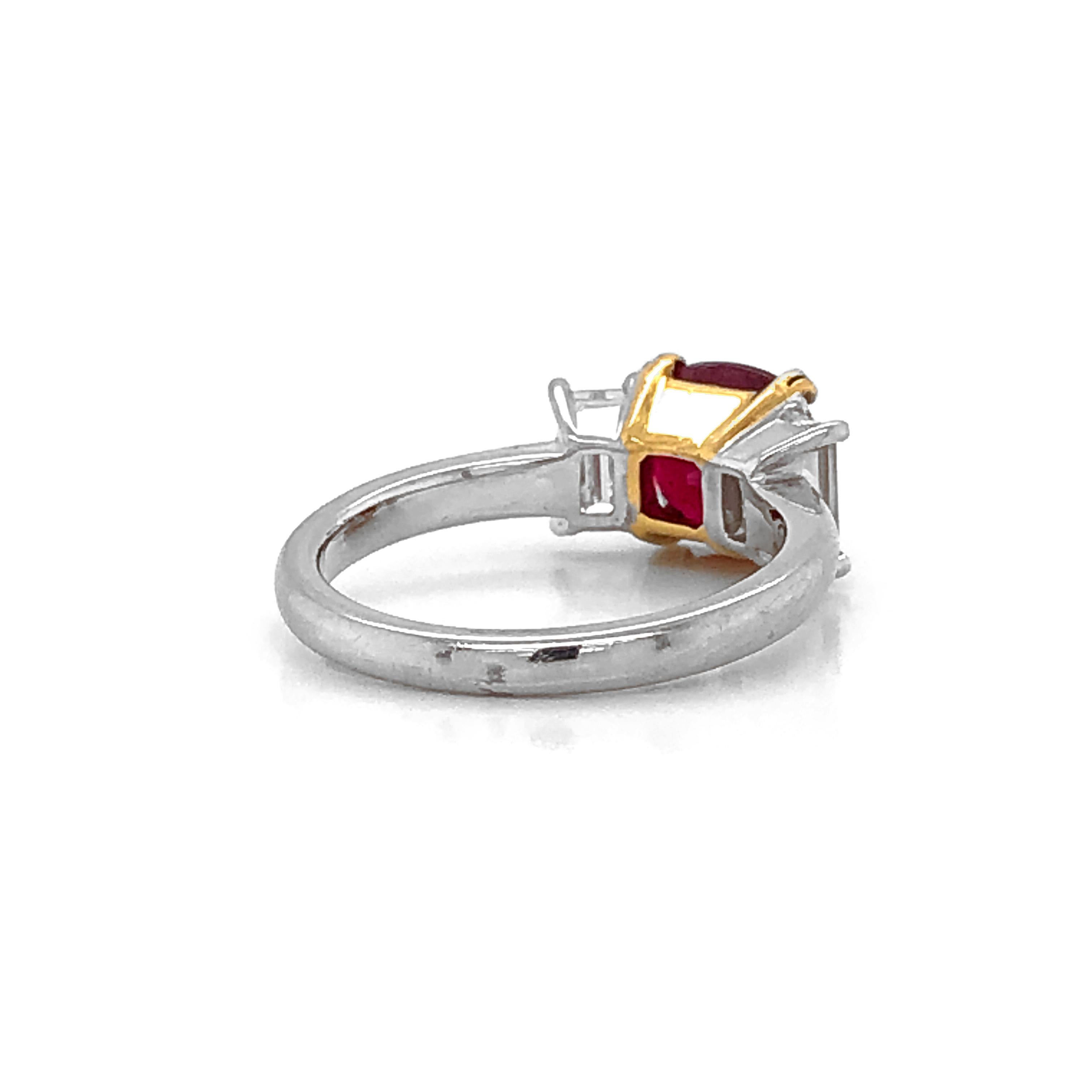 Oval Cut Certified Oval Burmese Ruby 2.48 Carat Baguette Diamond Platinum Cocktail Ring For Sale