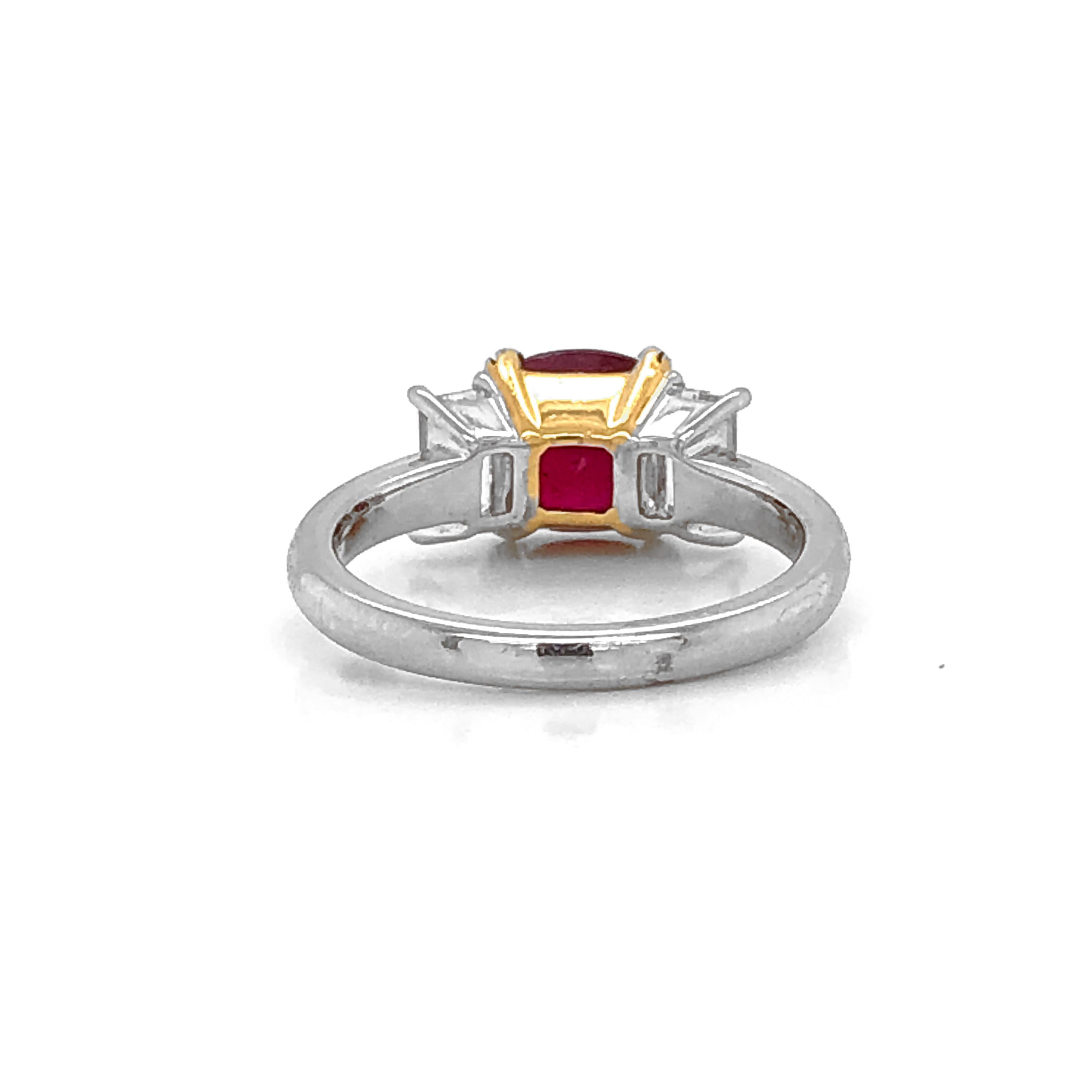 Certified Oval Burmese Ruby 2.48 Carat Baguette Diamond Platinum Cocktail Ring In New Condition For Sale In New York, NY