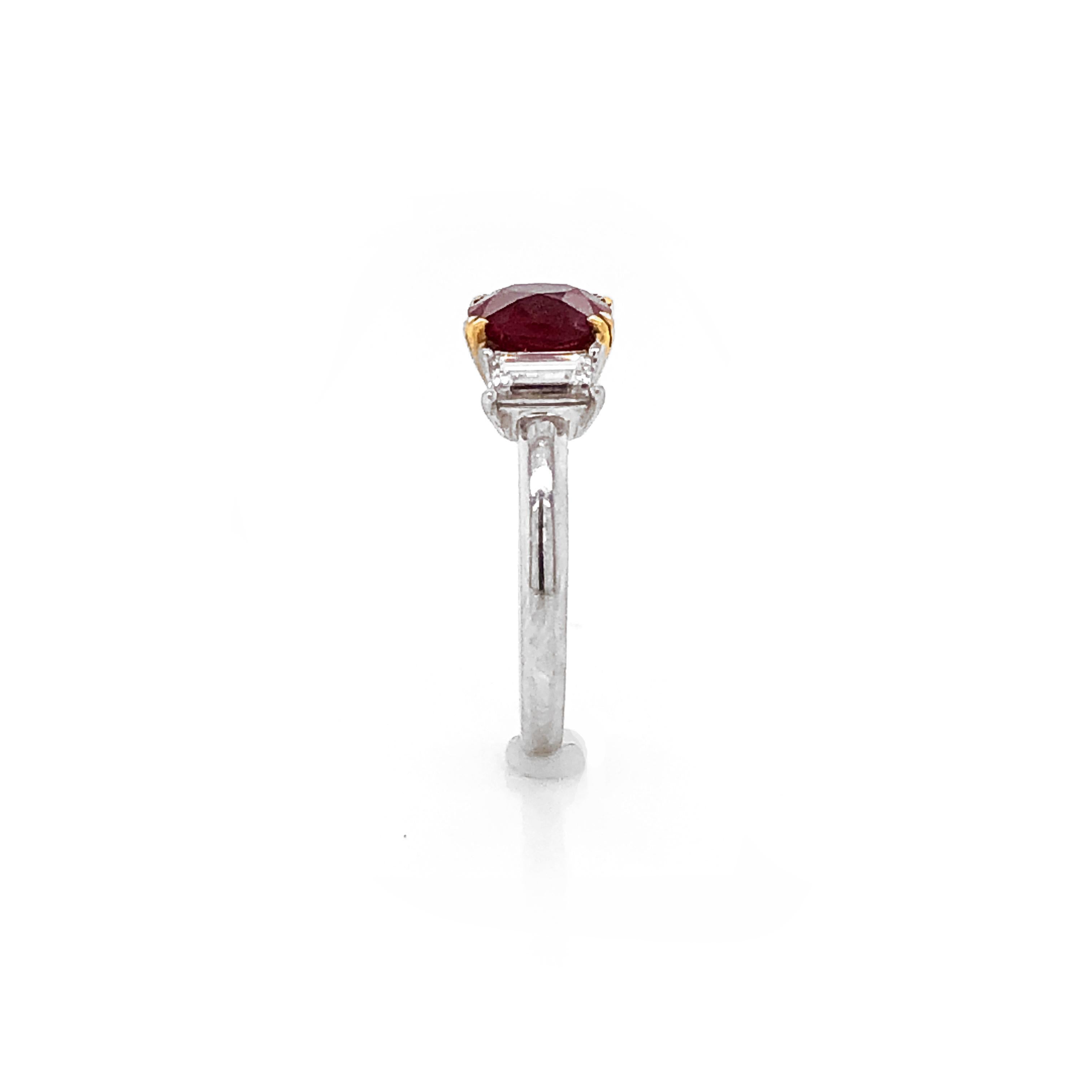 Certified Oval Burmese Ruby 2.48 Carat Baguette Diamond Platinum Cocktail Ring For Sale 2