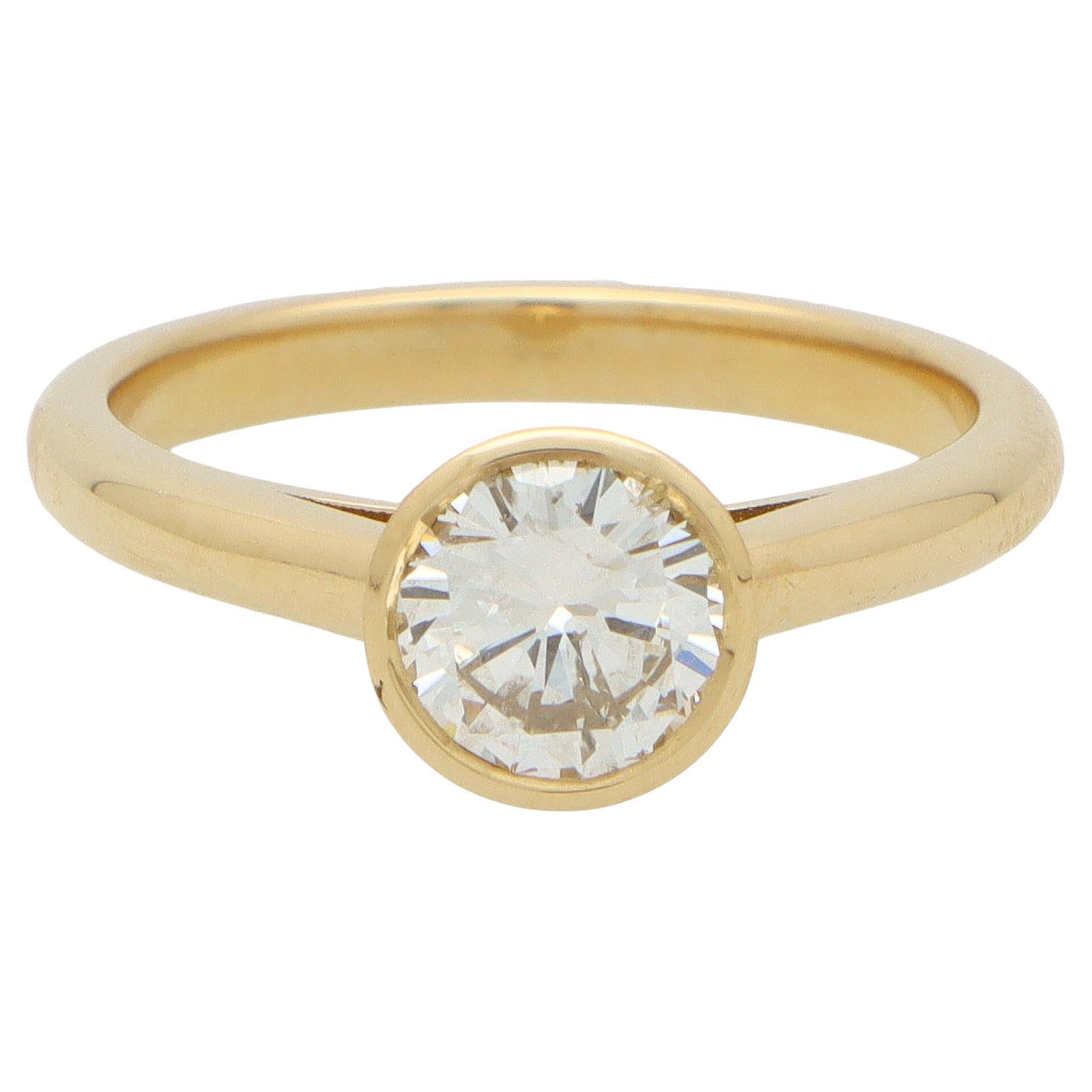 Certified Bezel Set Single Solitaire Diamond Engagement Ring in 18k Yellow Gold For Sale