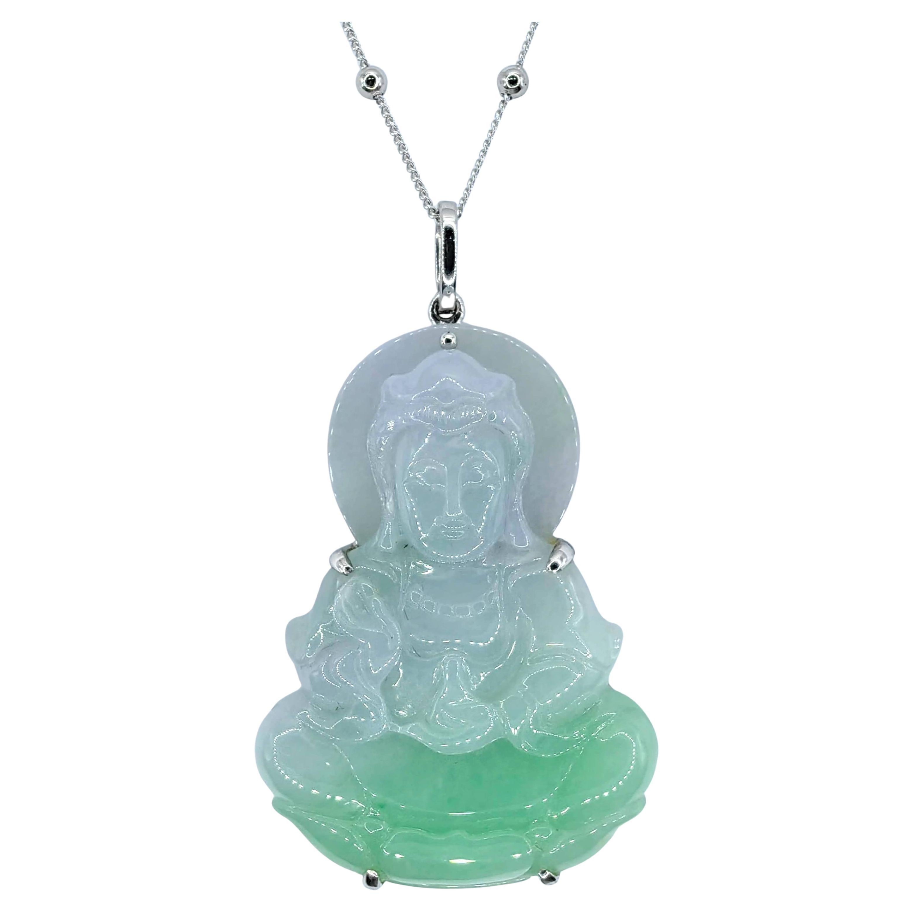 Certified Bi-Color Green Jadeite Jade Kwan Yin Buddha Pendant in 18K White Gold