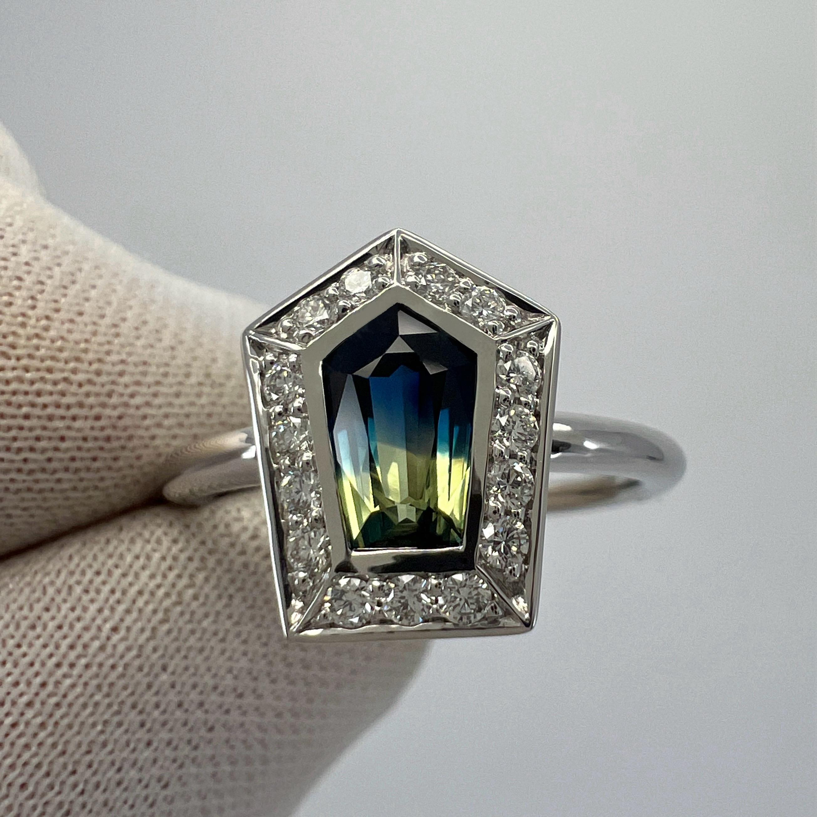 Certified Bi Colour Blue & Yellow Fancy Sapphire And Diamond 18k White Gold Ring For Sale 5