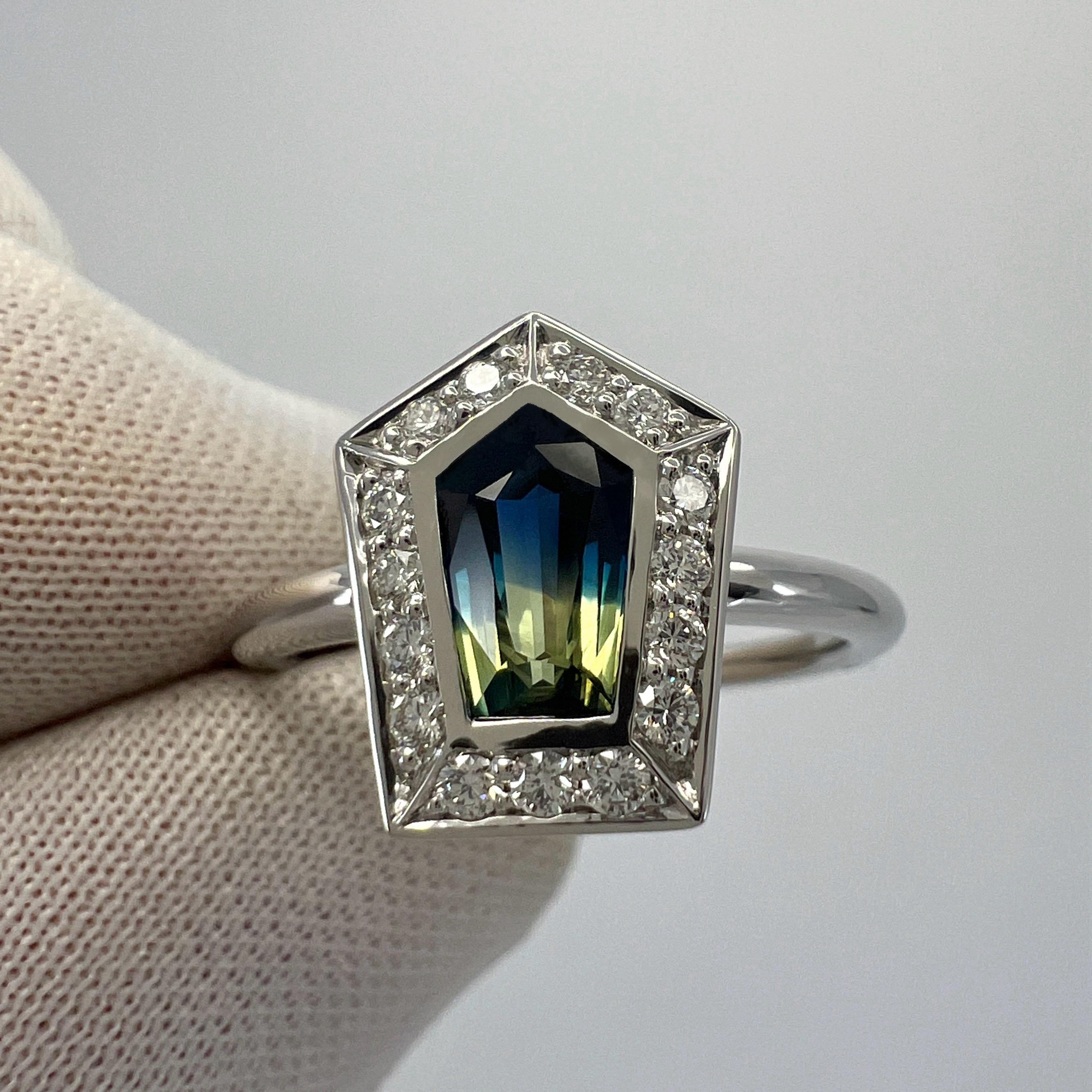Certified Bi Colour Blue & Yellow Fancy Sapphire And Diamond 18k White Gold Ring For Sale 1
