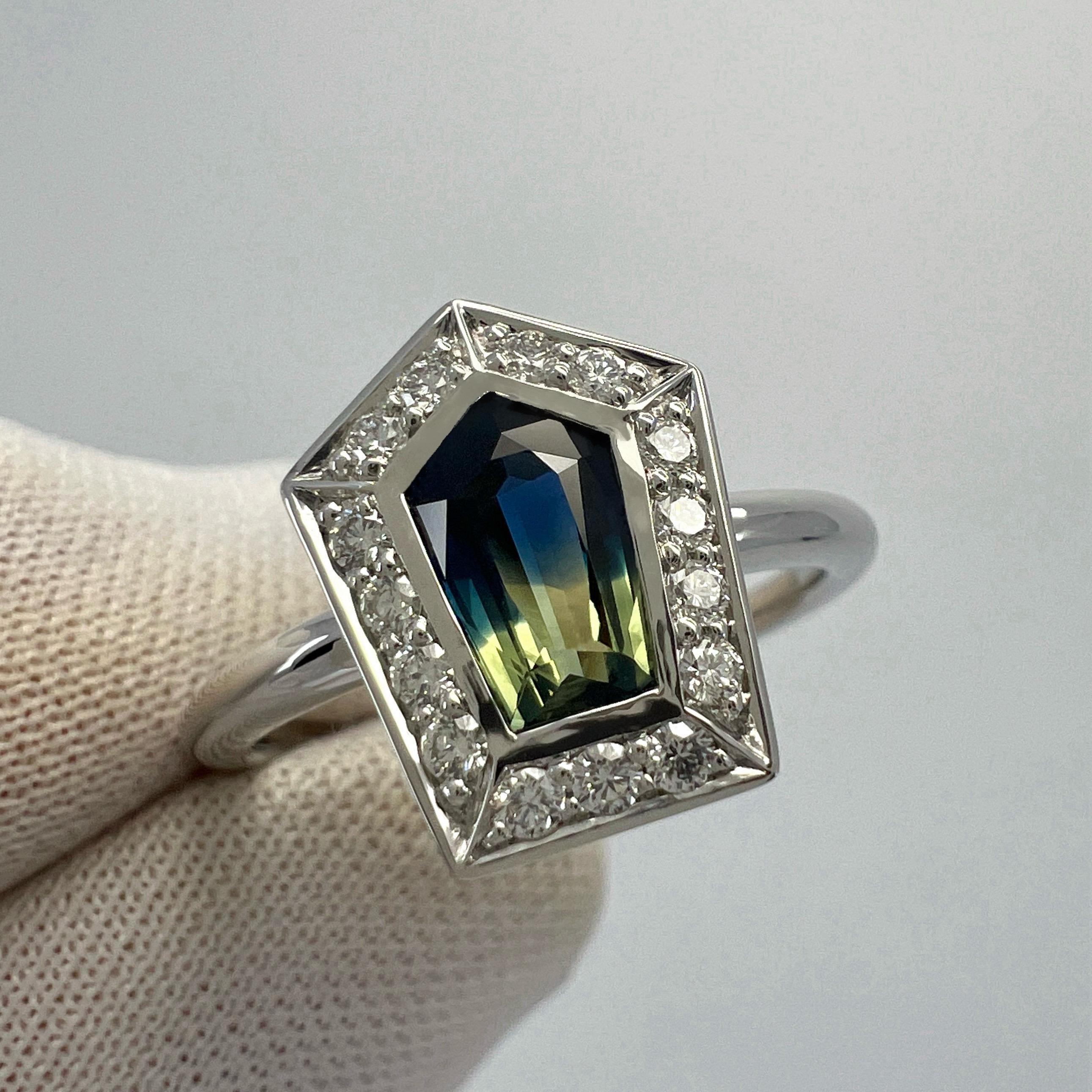 Certified Bi Colour Blue & Yellow Fancy Sapphire And Diamond 18k White Gold Ring For Sale 3