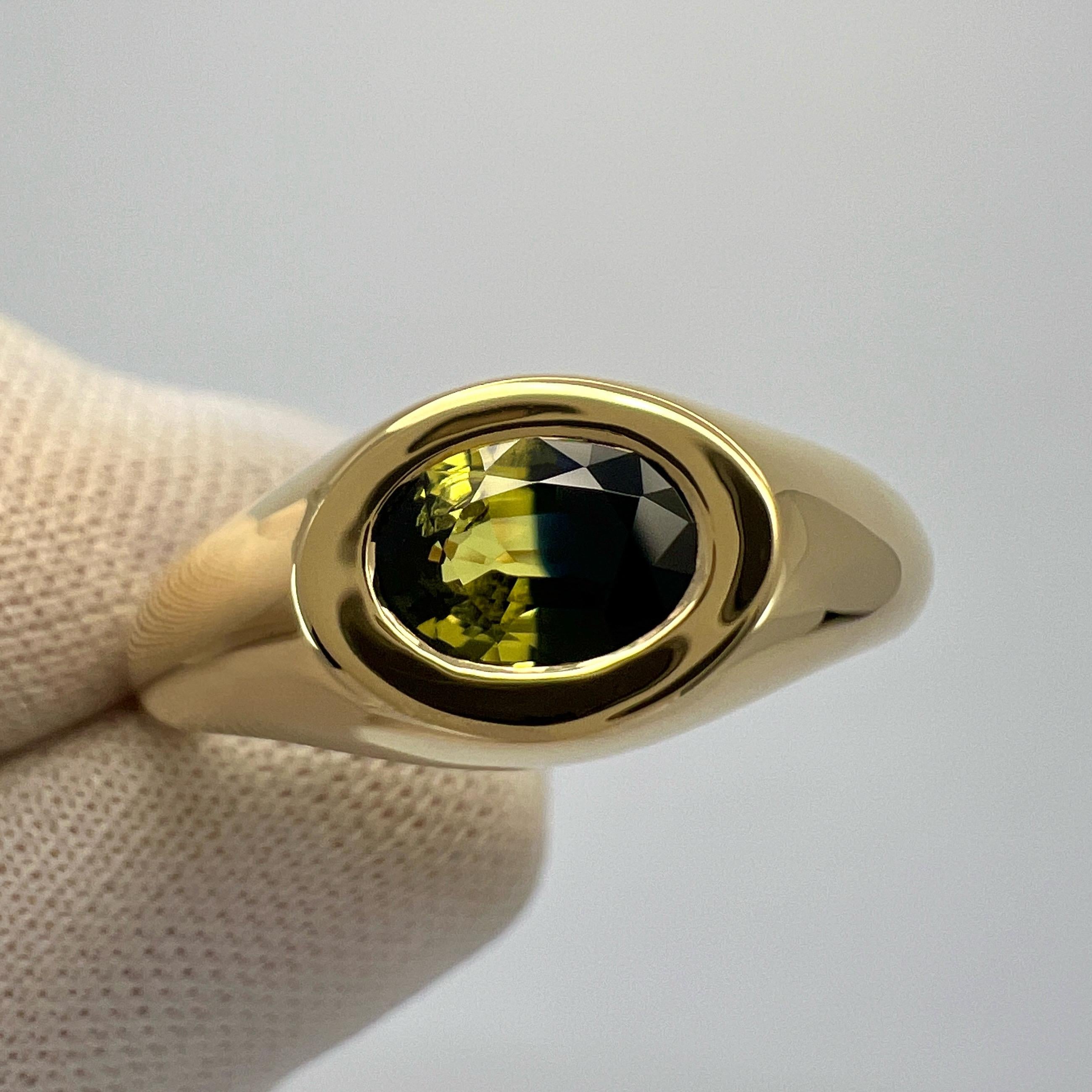 Natural Bi Colour Blue & Yellow Sapphire 18k Yellow Gold Signet Style Solitaire Ring.

Fine IGI Certified 0.91 carat sapphire with a unique deep blue and yellow bi colour effect. Unique and vivid colour gem with almost perfect colour split.
This