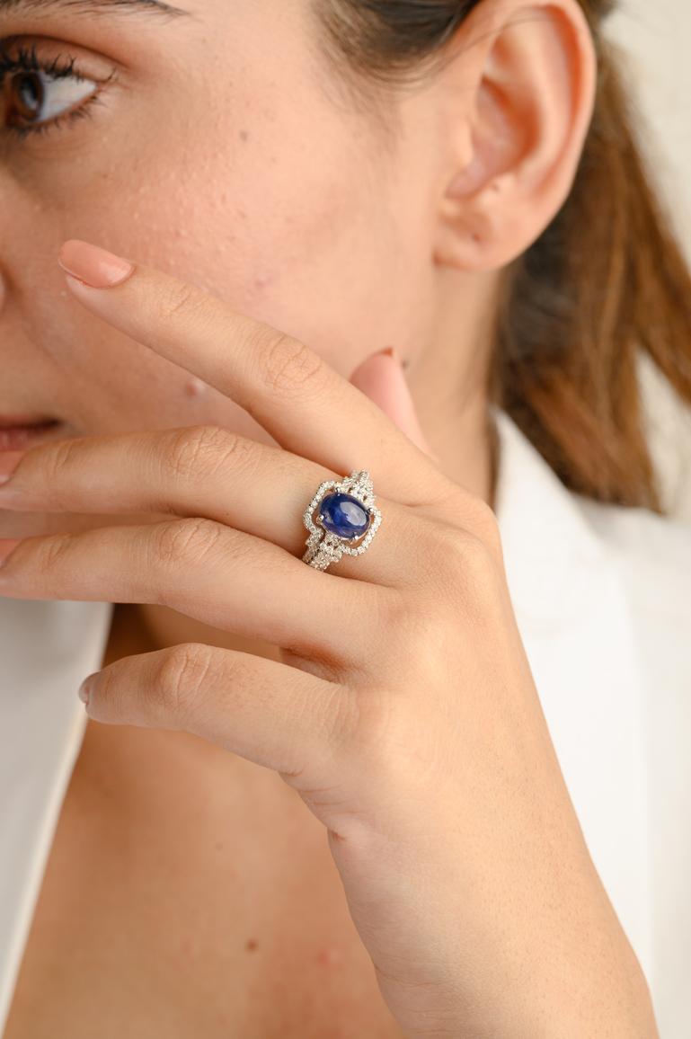 For Sale:  3.01 Ct Blue Sapphire and Diamond Engagement Ring Made 18k Solid White Gold 2