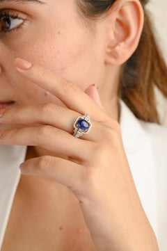 3.01 Ct Blue Sapphire and Diamond Engagement Ring Made 18k Solid White Gold (Bague de fiançailles saphir bleu et diamant en or blanc massif)
