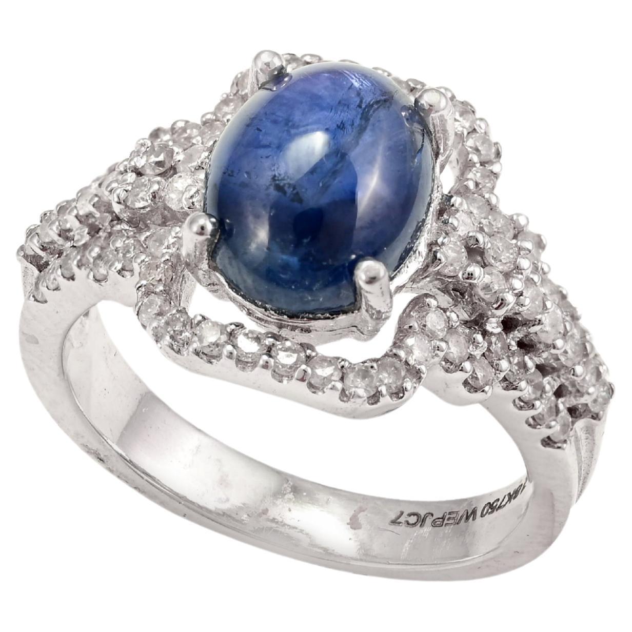 3.01 Ct Blue Sapphire and Diamond Engagement Ring Made 18k Solid White Gold