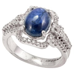 3.01 Ct Blue Sapphire and Diamond Engagement Ring Made 18k Solid White Gold (Bague de fiançailles saphir bleu et diamant en or blanc massif)