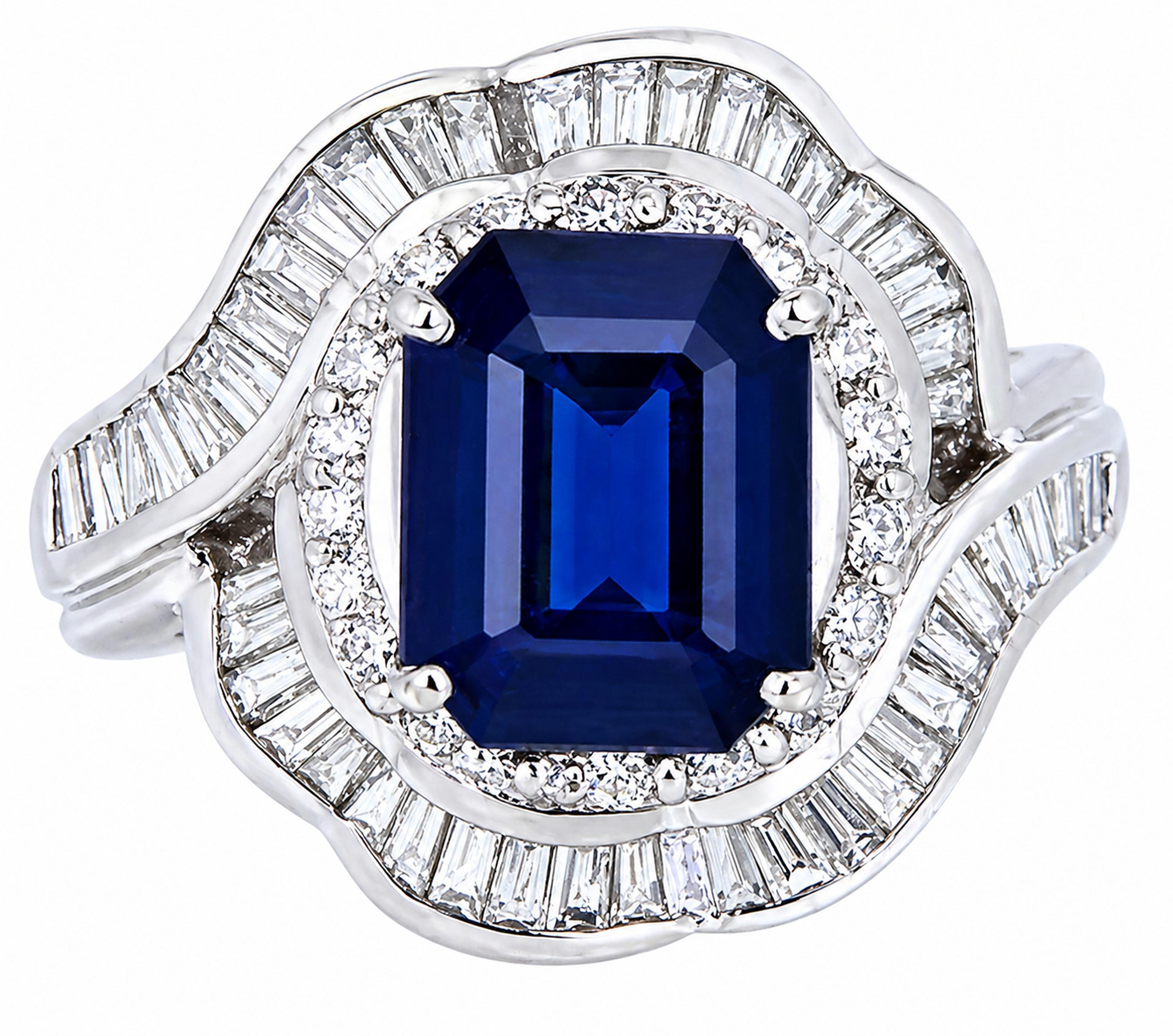 Bague cocktail saphir bleu certifié et diamant en platine - 2,87ct saphir