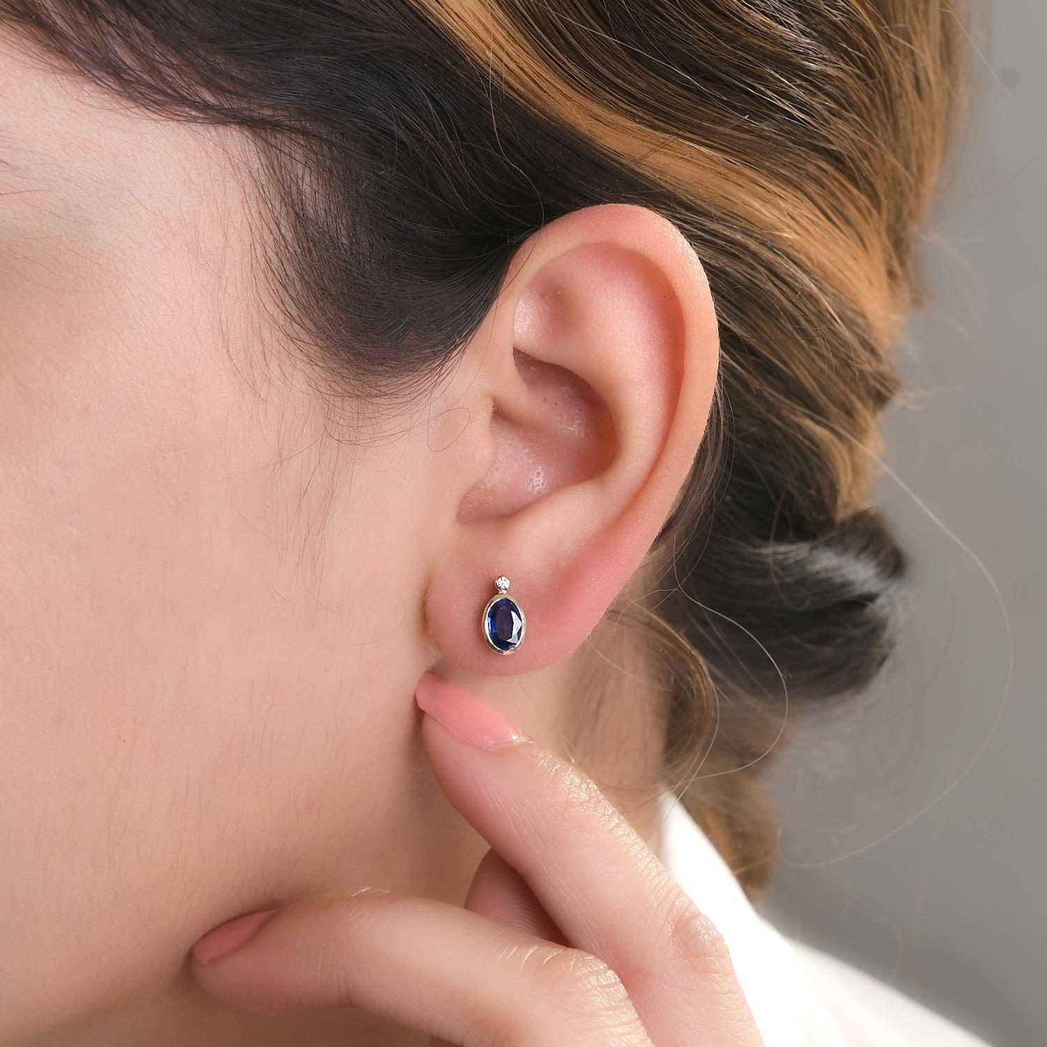 Taille ovale Boucles d'oreilles saphir bleu certifié et diamant Cadeau pour elle en or jaune 14k en vente