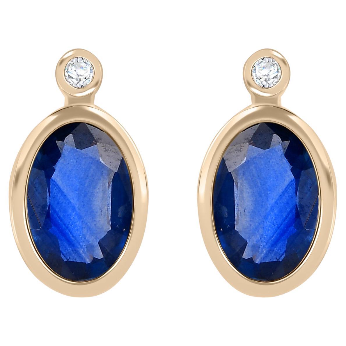 Certified Blue Sapphire Diamond Stud Earrings Gift for Her in 14k Yellow Gold