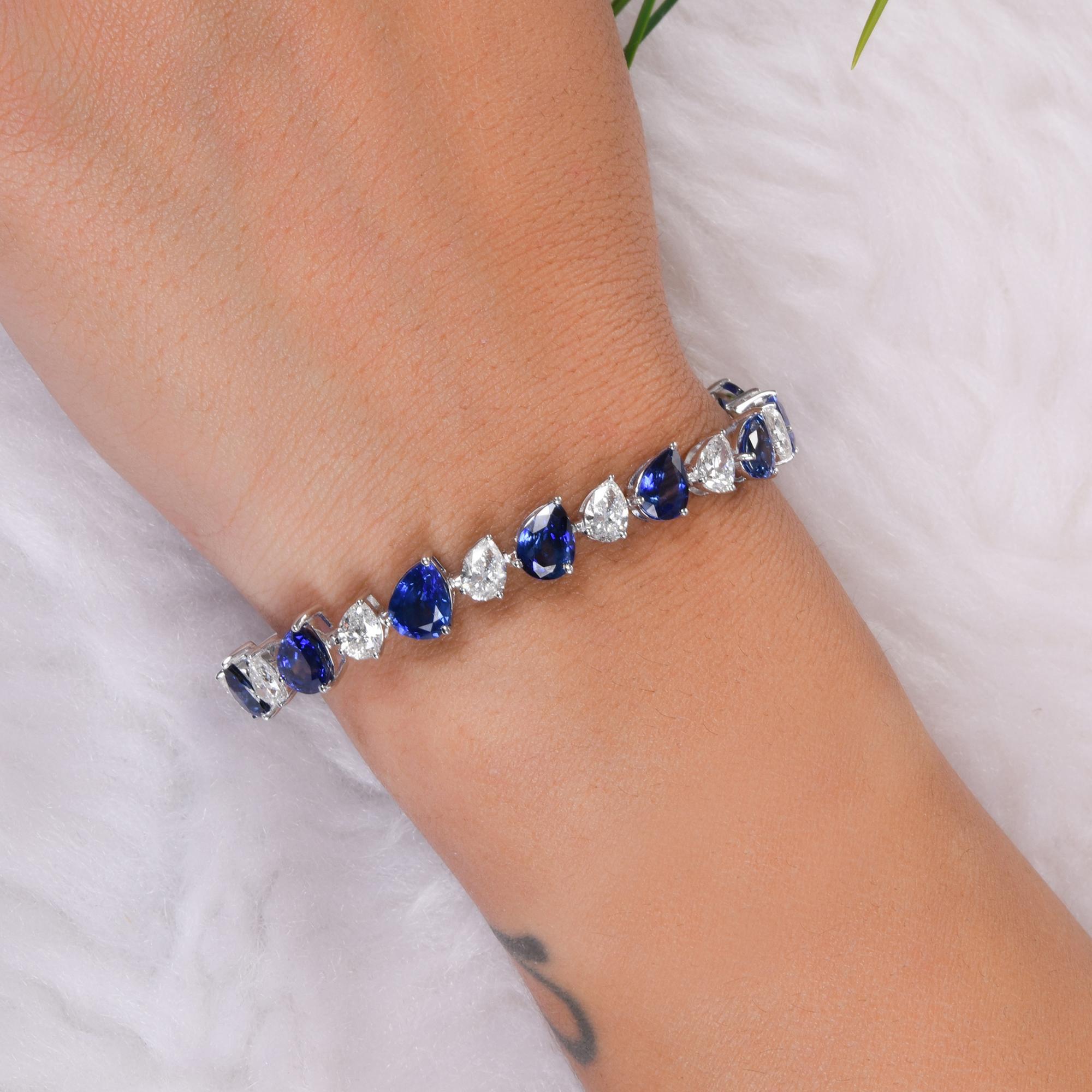 Bracelet de tennis en or blanc 18 carats avec saphir bleu certifié et diamant
Le bracelet présente un motif alterné de saphirs bleu royal en forme de poire et de diamants brillants de taille poire, chacun solidement serti dans une élégante monture