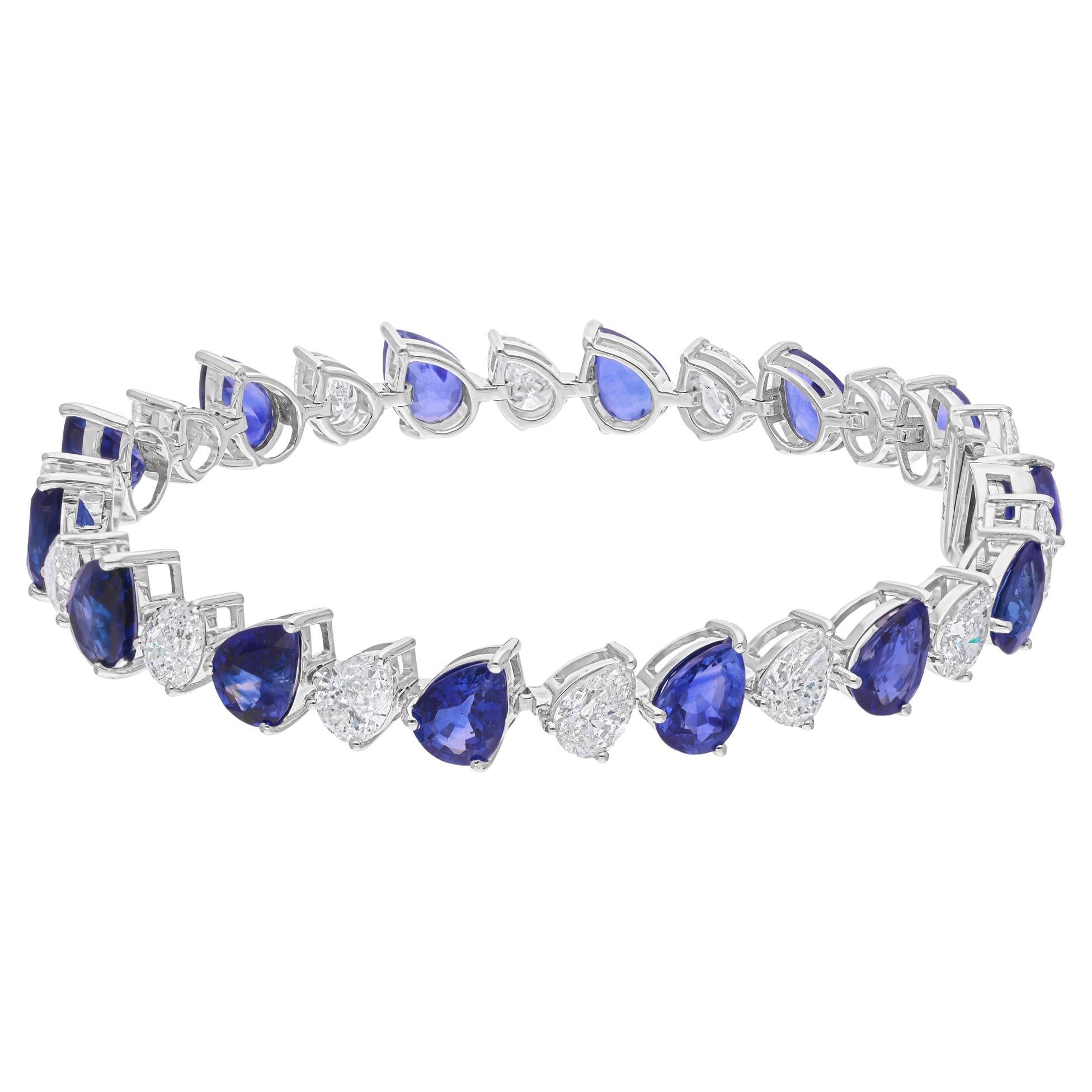 Art déco Bracelet de tennis en or blanc 18 carats avec saphir bleu certifié et diamant en vente