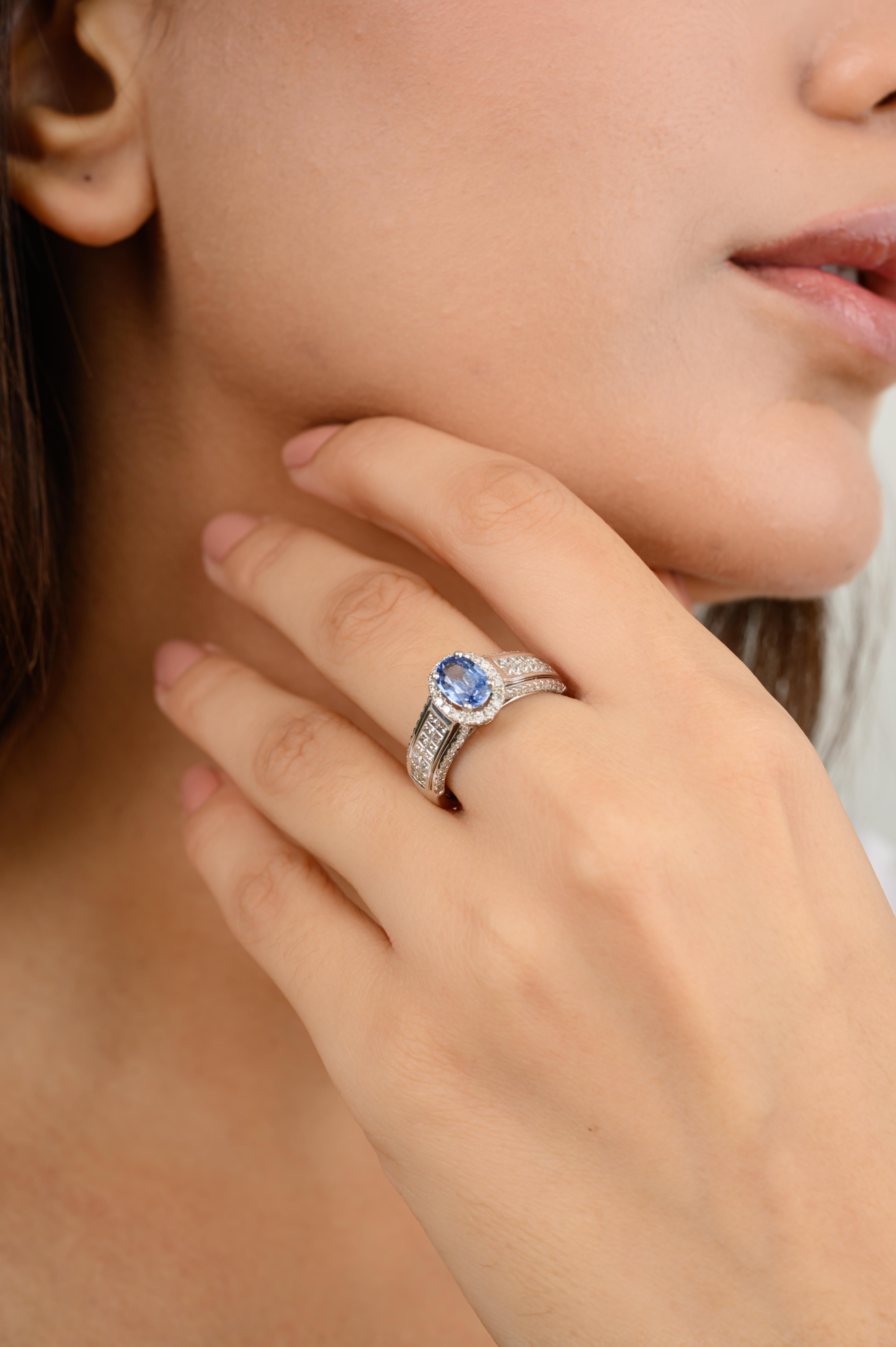 For Sale:  Certified Blue Sapphire Engagement Ring with Diamonds in 18k Solid White Gold 2