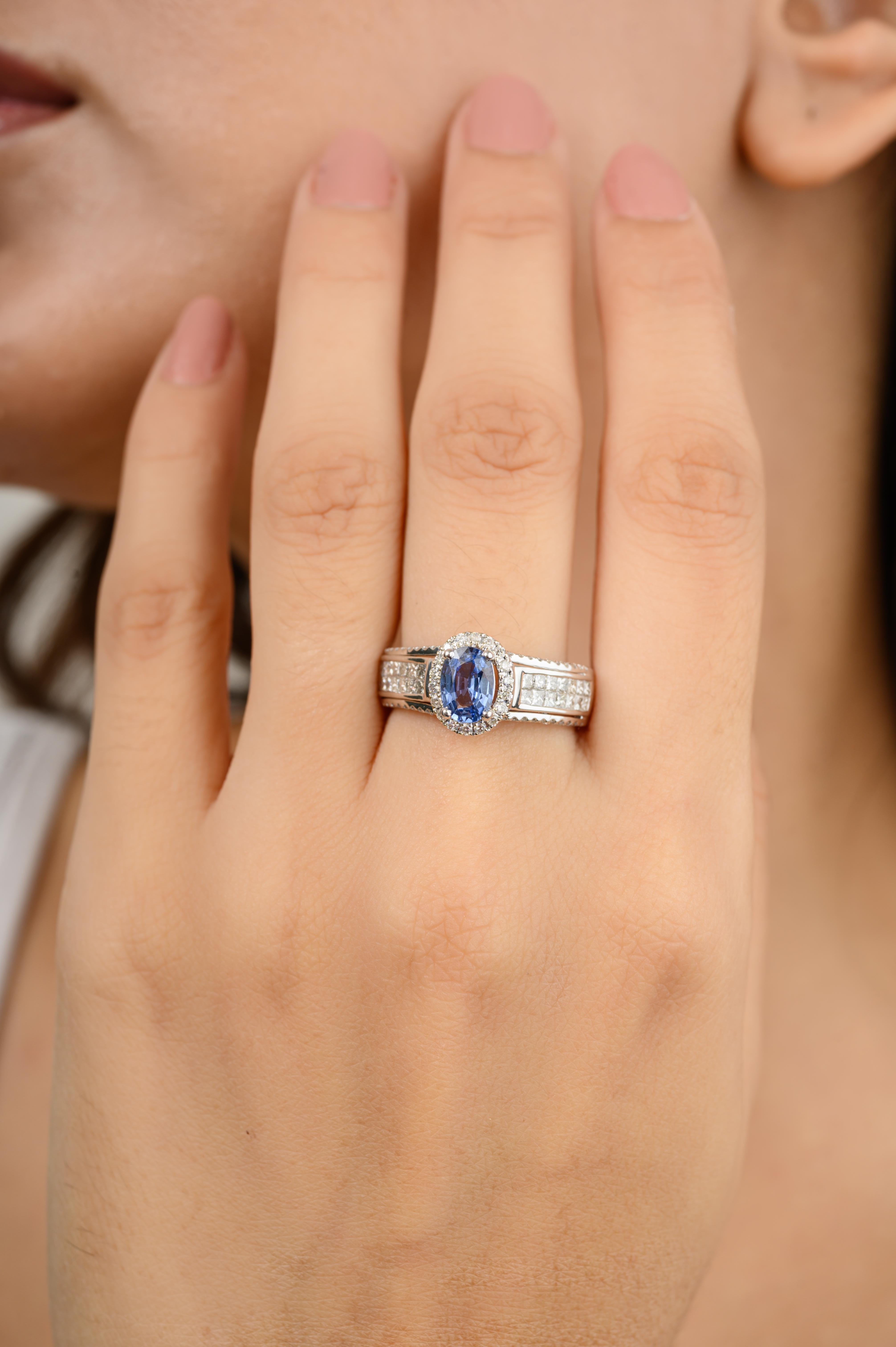 For Sale:  Certified Blue Sapphire Engagement Ring with Diamonds in 18k Solid White Gold 4