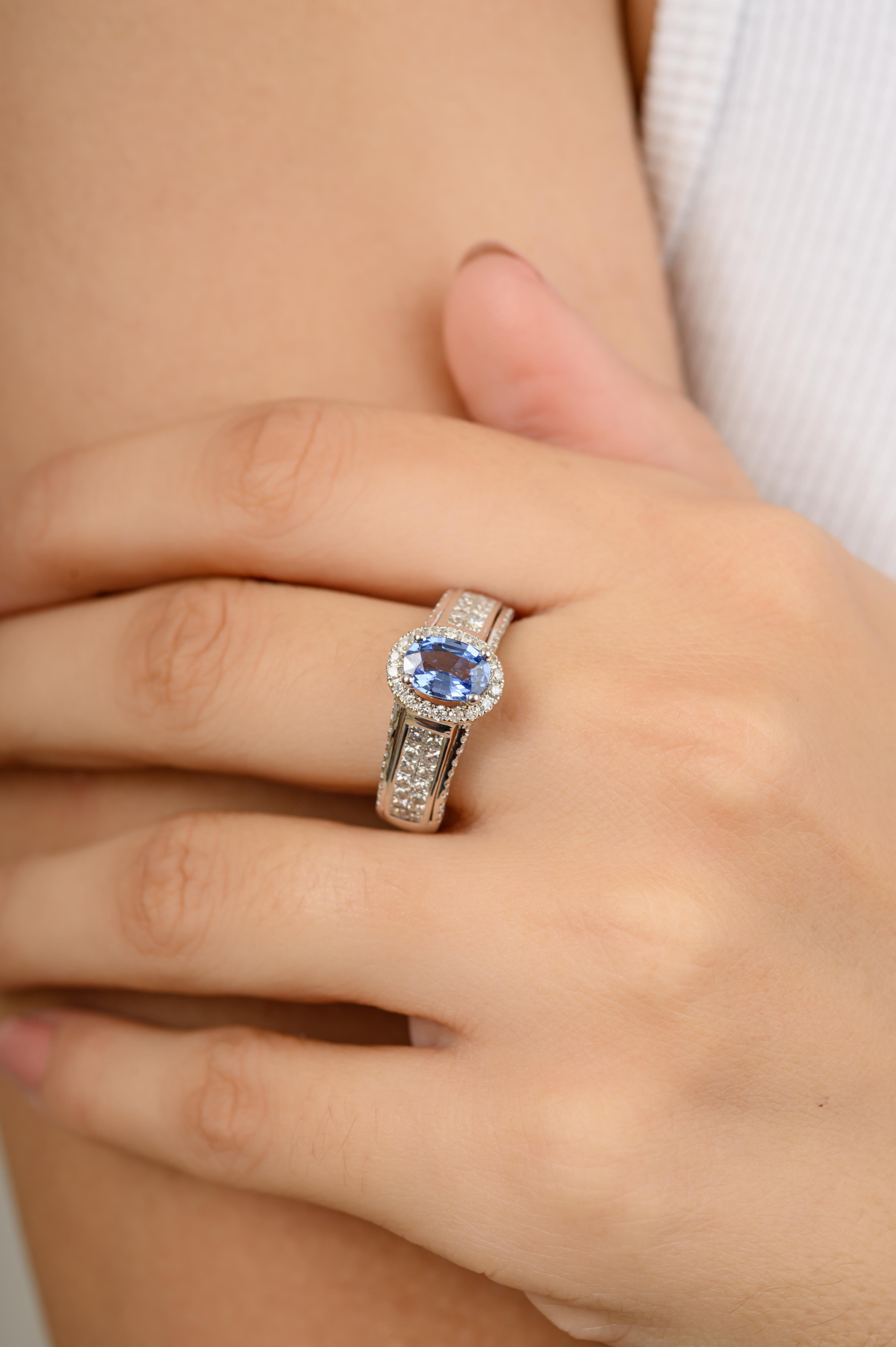 For Sale:  Certified Blue Sapphire Engagement Ring with Diamonds in 18k Solid White Gold 6