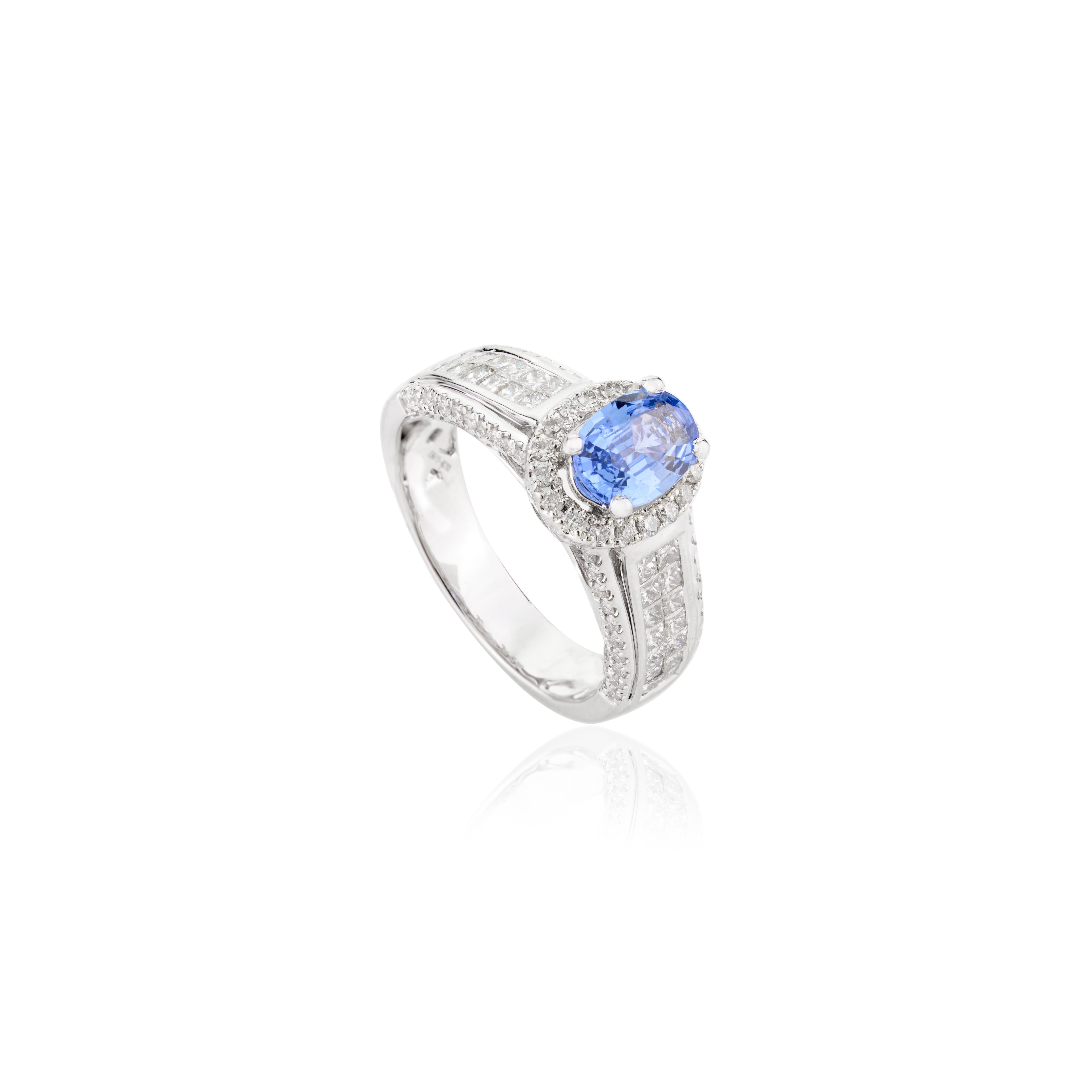 For Sale:  Certified Blue Sapphire Engagement Ring with Diamonds in 18k Solid White Gold 7