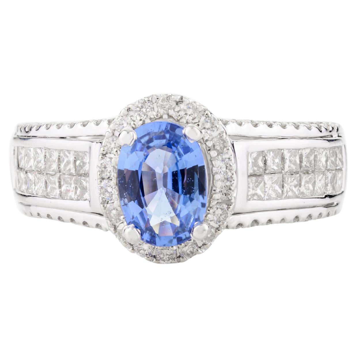 Certified Blue Sapphire Engagement Ring with Diamonds in 18k Solid White Gold