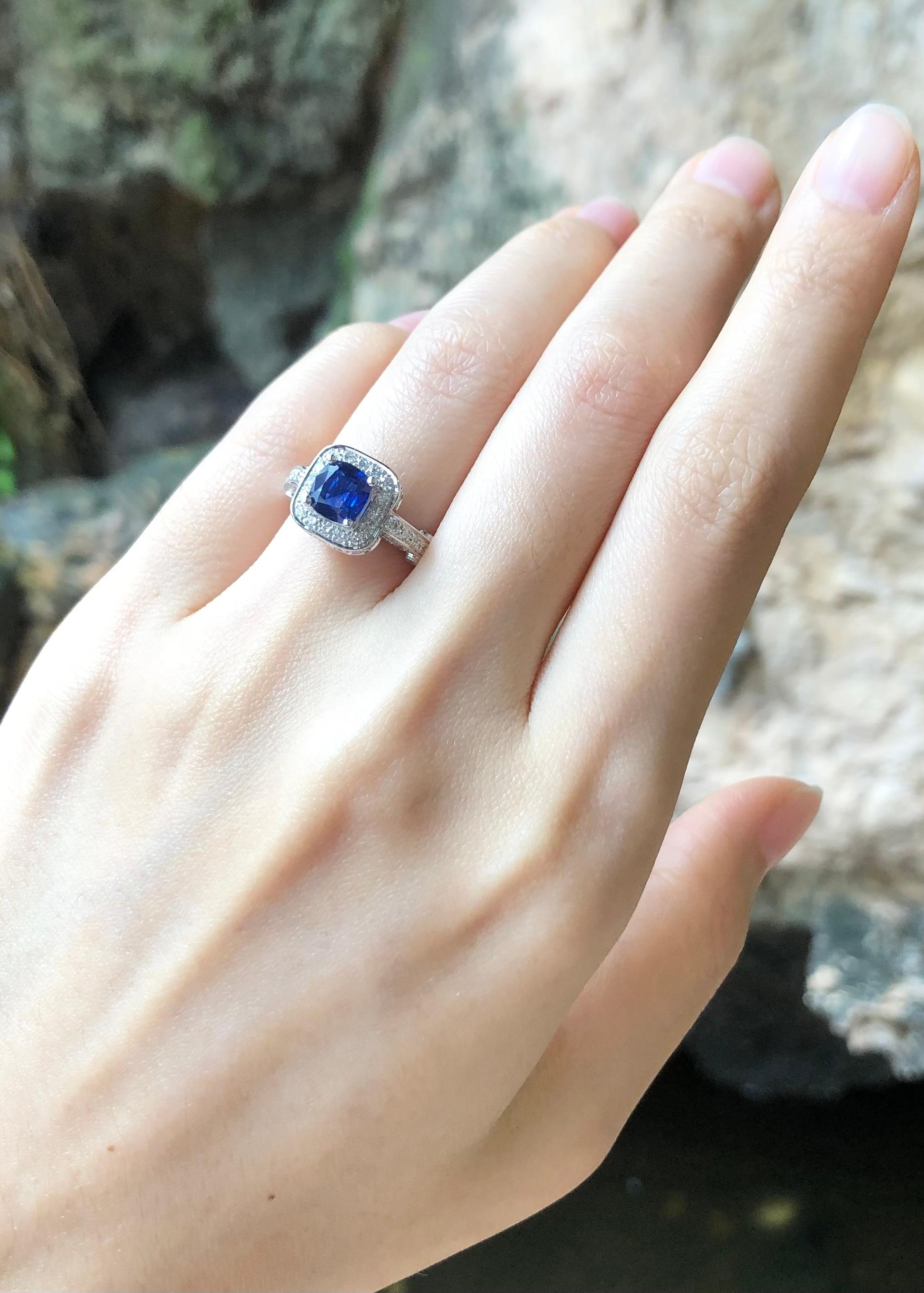 Cushion Cut Certified Blue Sapphire with Diamond Ring Set in 18 Karat White Gold For Sale