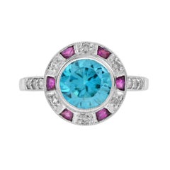 Certified Blue Zircon & Diamond Ruby Art Deco Style Halo Set 14K White Gold Ring