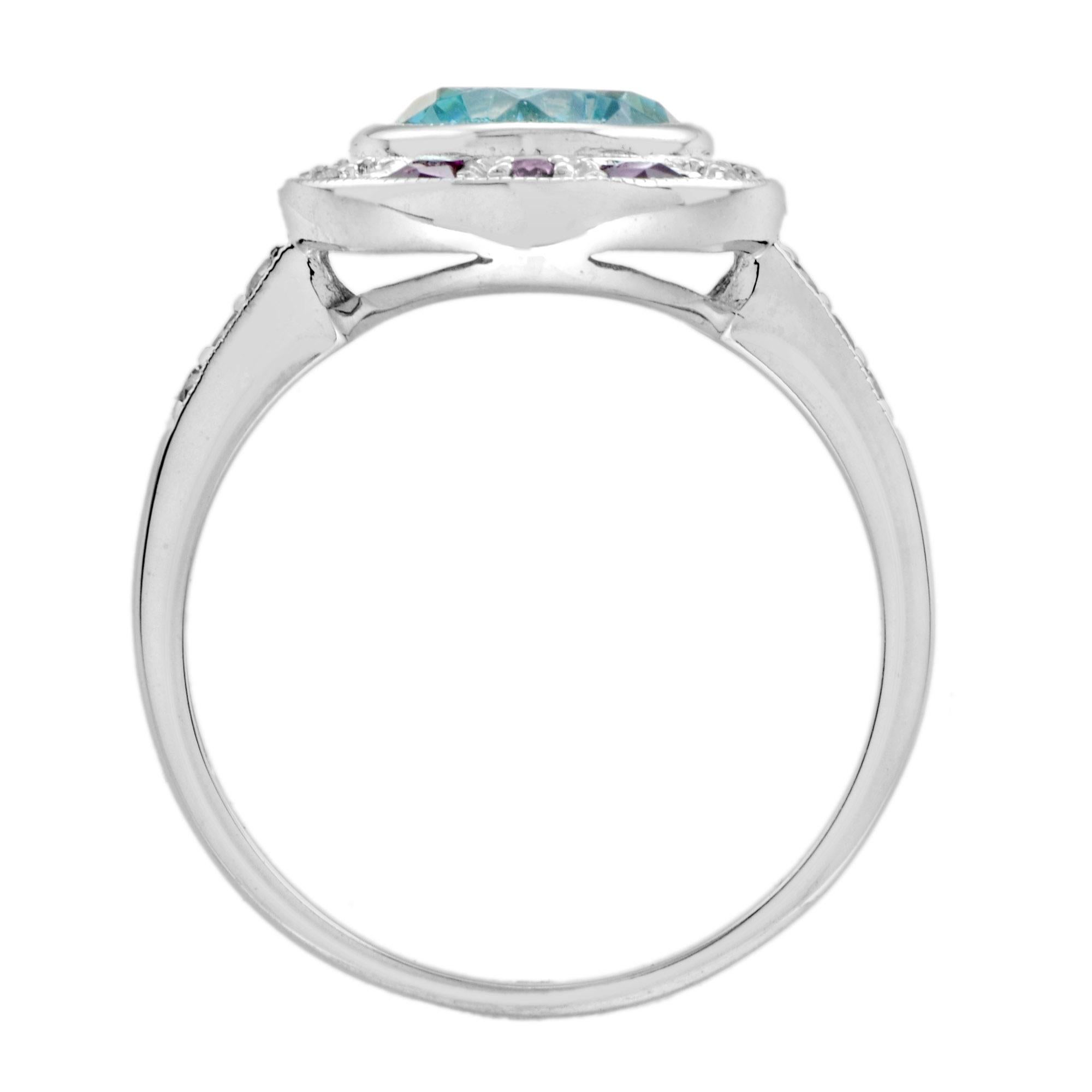 Taglio rotondo Anello con zircone blu certificato e diamante rubino in stile Art Deco con incastonatura a raggiera in oro bianco 14 carati in vendita