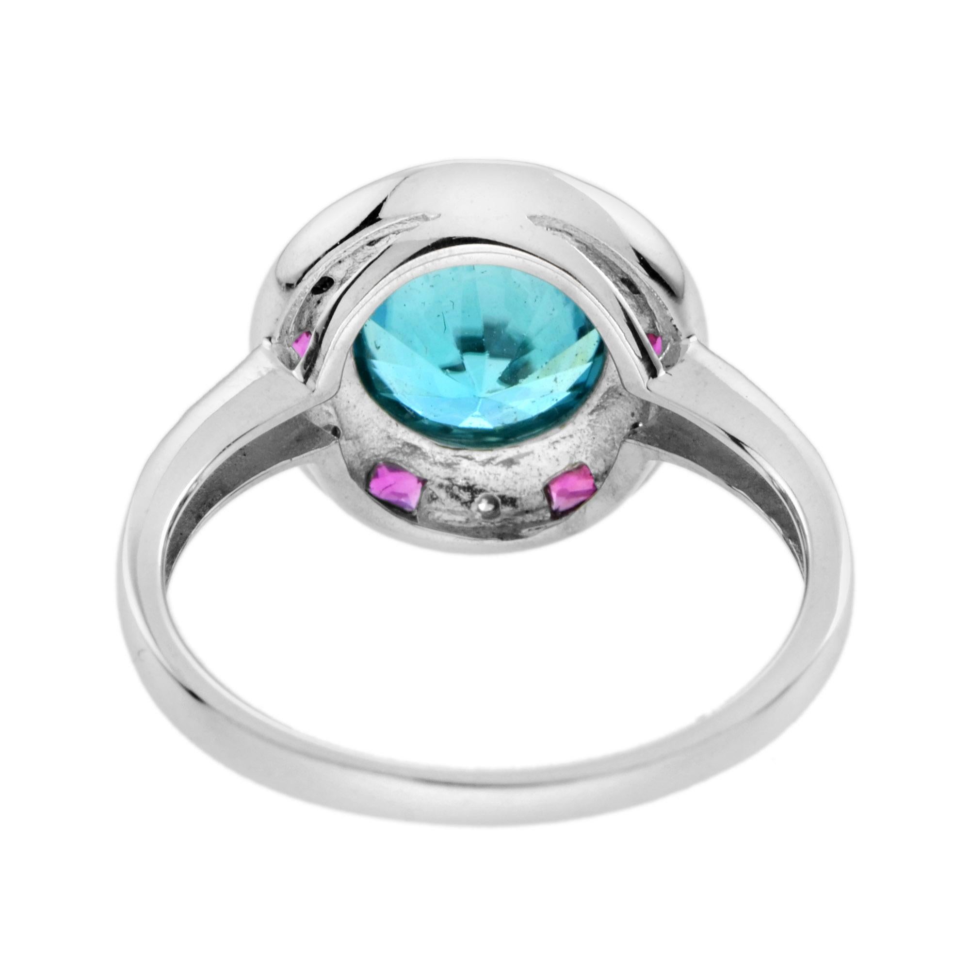 Anello con zircone blu certificato e diamante rubino in stile Art Deco con incastonatura a raggiera in oro bianco 14 carati In condizioni Nuovo in vendita a Oakton, VA