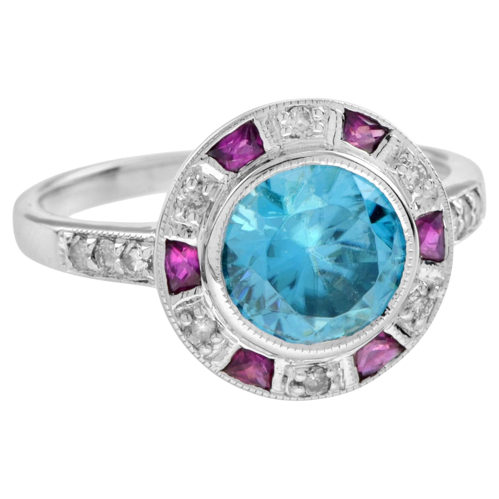 Certified Blue Zircon & Diamond Ruby Art Deco Style Halo Set 14K White Gold Ring