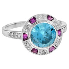 Certified Blue Zircon & Diamond Ruby Art Deco Style Halo Set 14K White Gold Ring