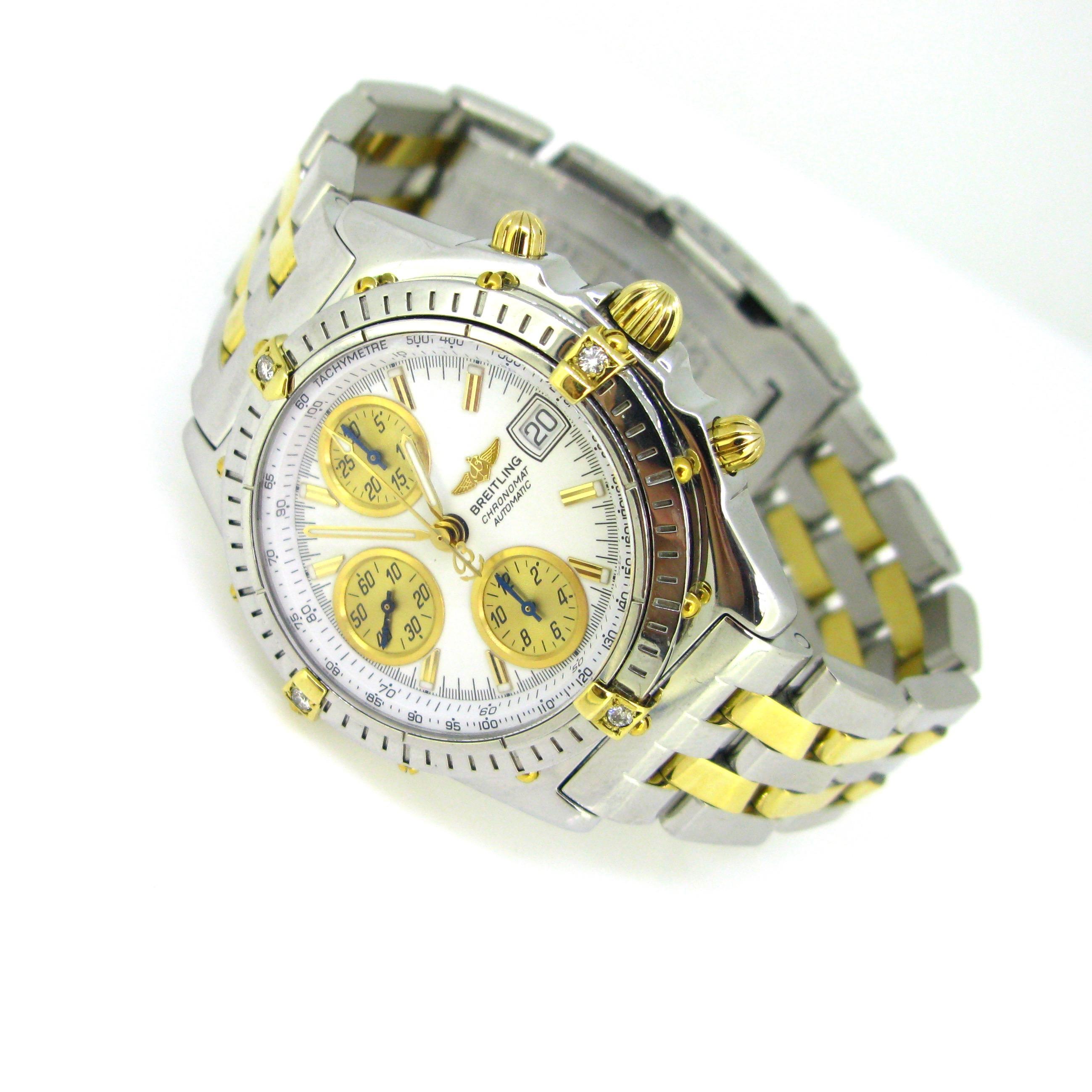 This Breitling watch is from the Chronomat Evolution collection. The bracelet is fully made in stainless steel, the case is made in steel and 18kt yellow gold; and the crowns are also made in 18kt yellow gold. The bezel around moves and is set with