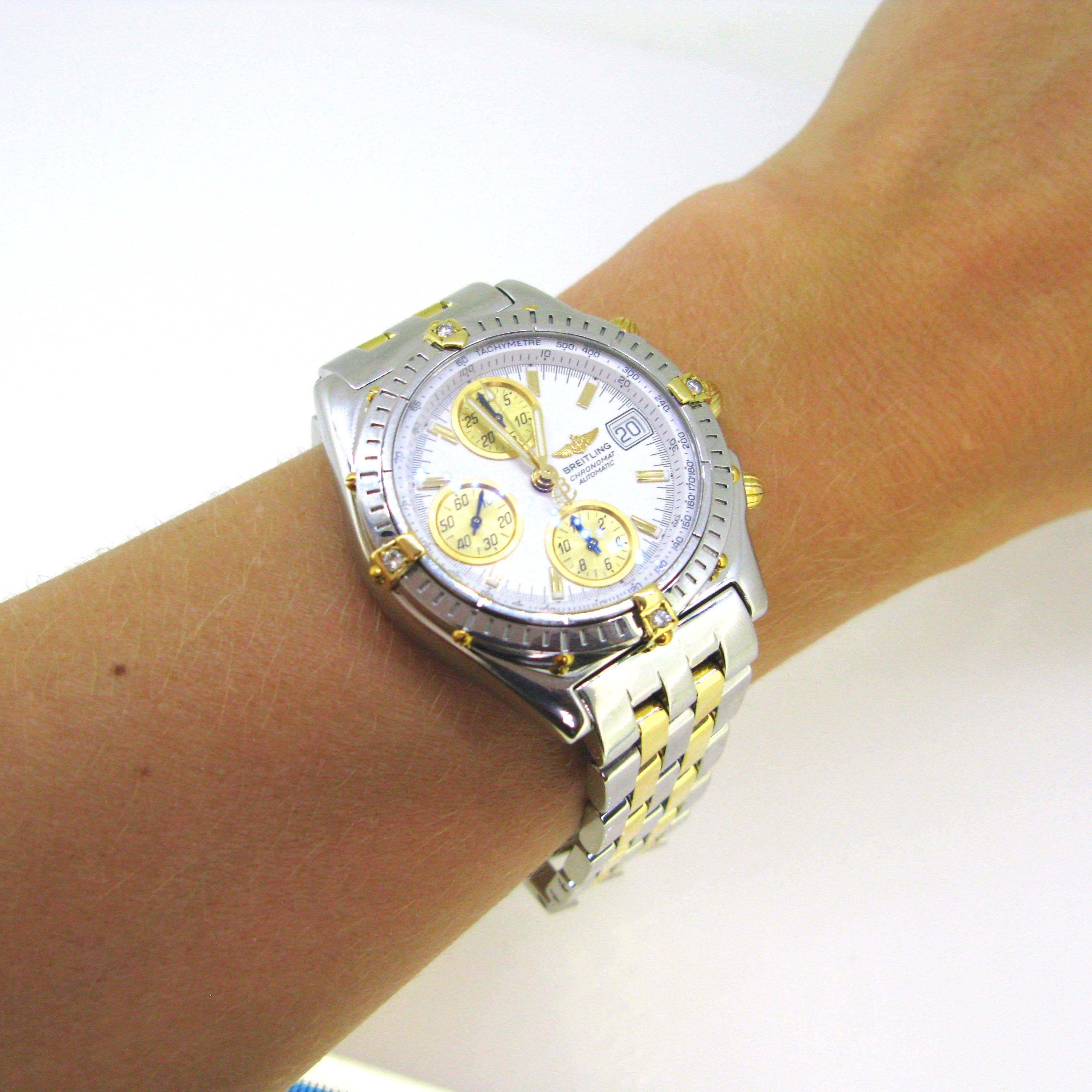 Certified Breitling Chronomat B13050 Yellow Gold Stainless Steel Diamonds Watch In Excellent Condition In London, GB