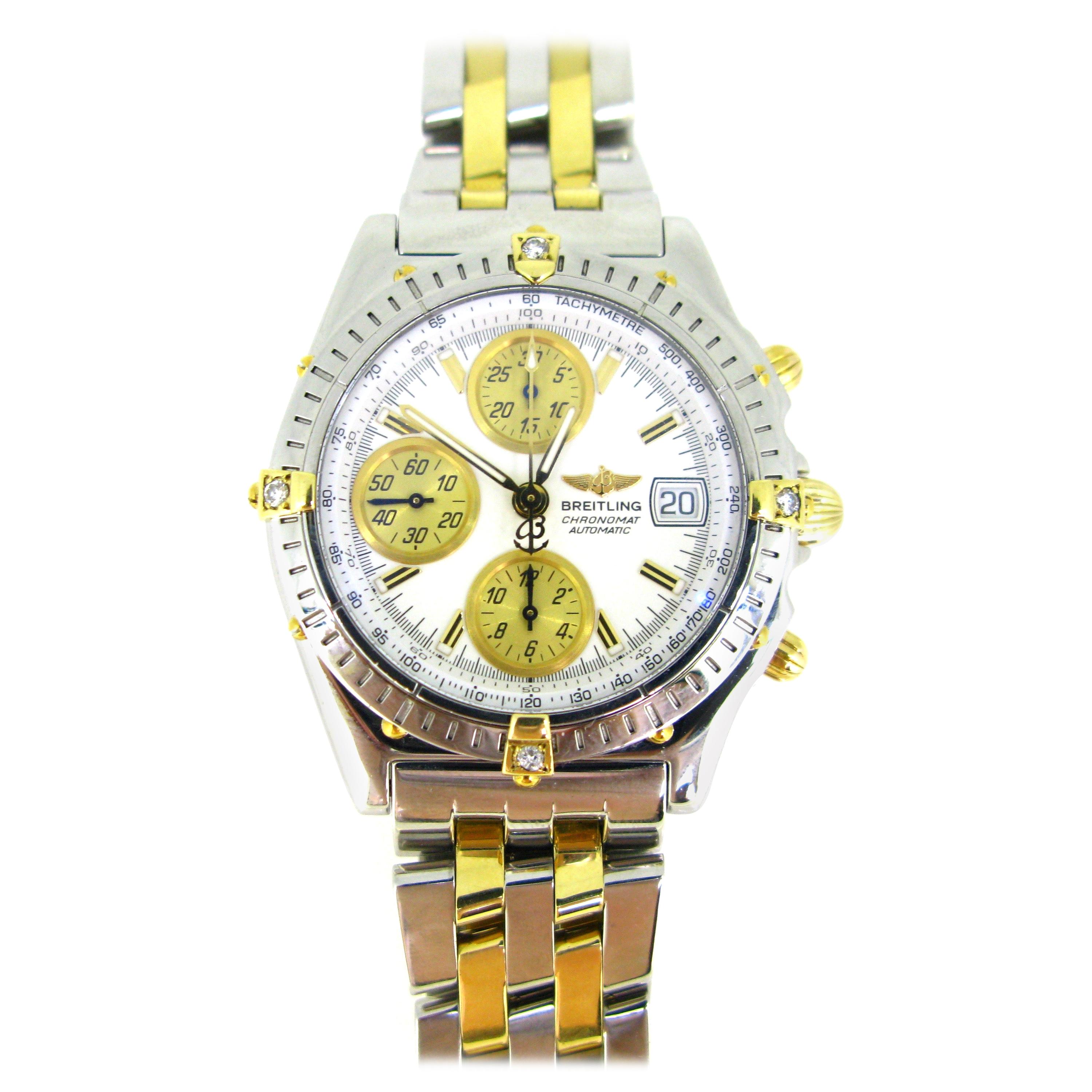 Certified Breitling Chronomat B13050 Yellow Gold Stainless Steel Diamonds Watch