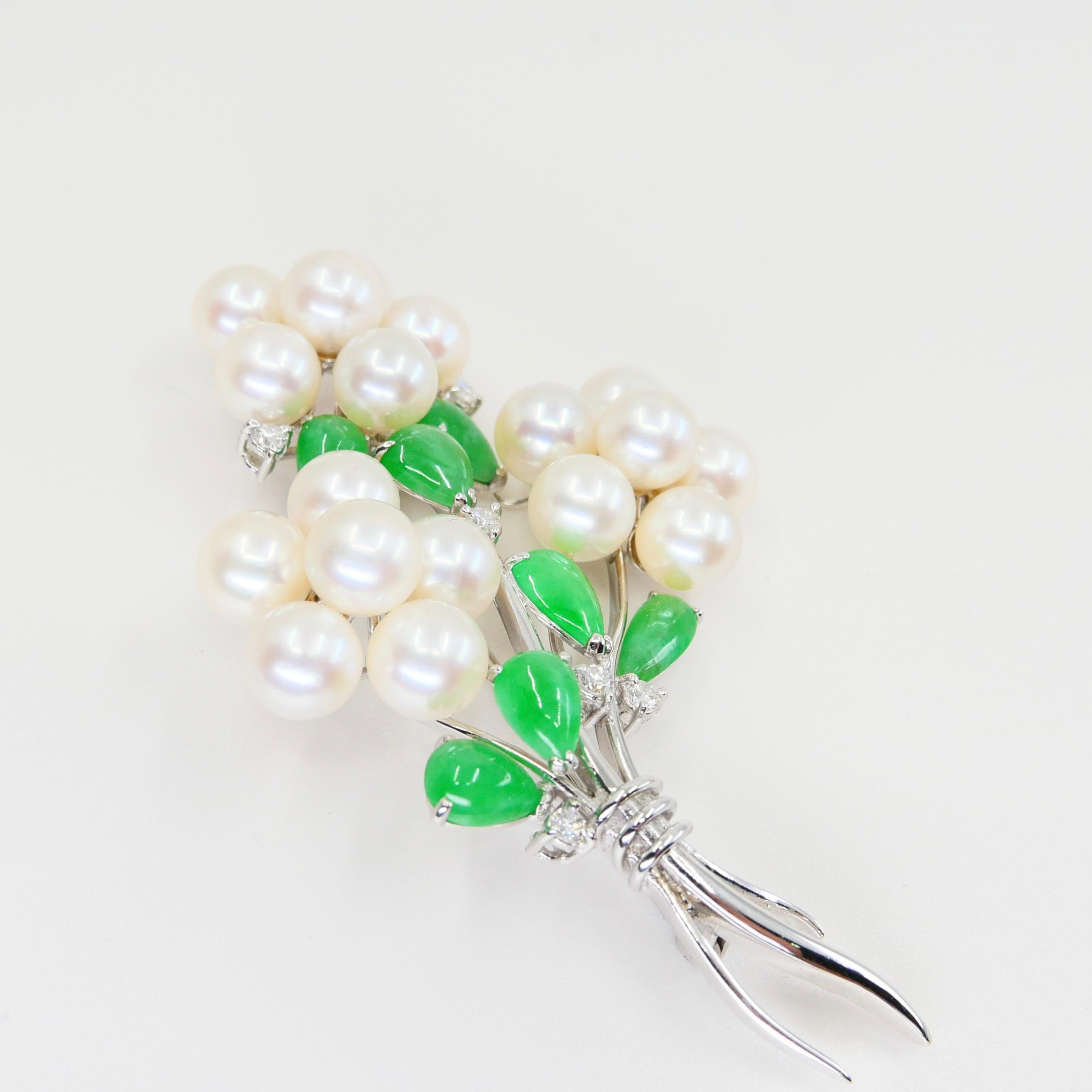 Certified Bright Apple Green Jade, Pearls & Diamond Flower Bouquet Brooch For Sale 3
