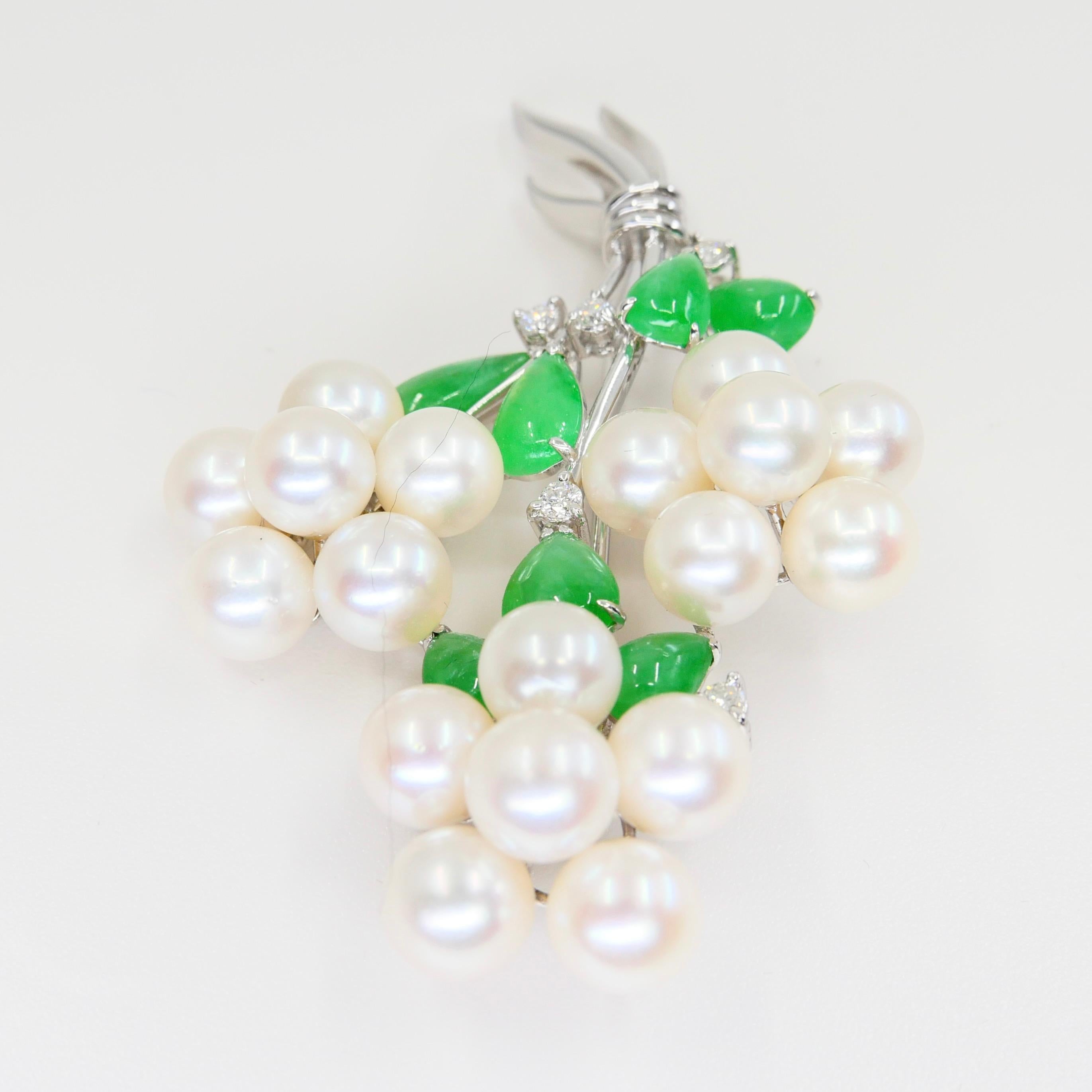 Certified Bright Apple Green Jade, Pearls & Diamond Flower Bouquet Brooch For Sale 4