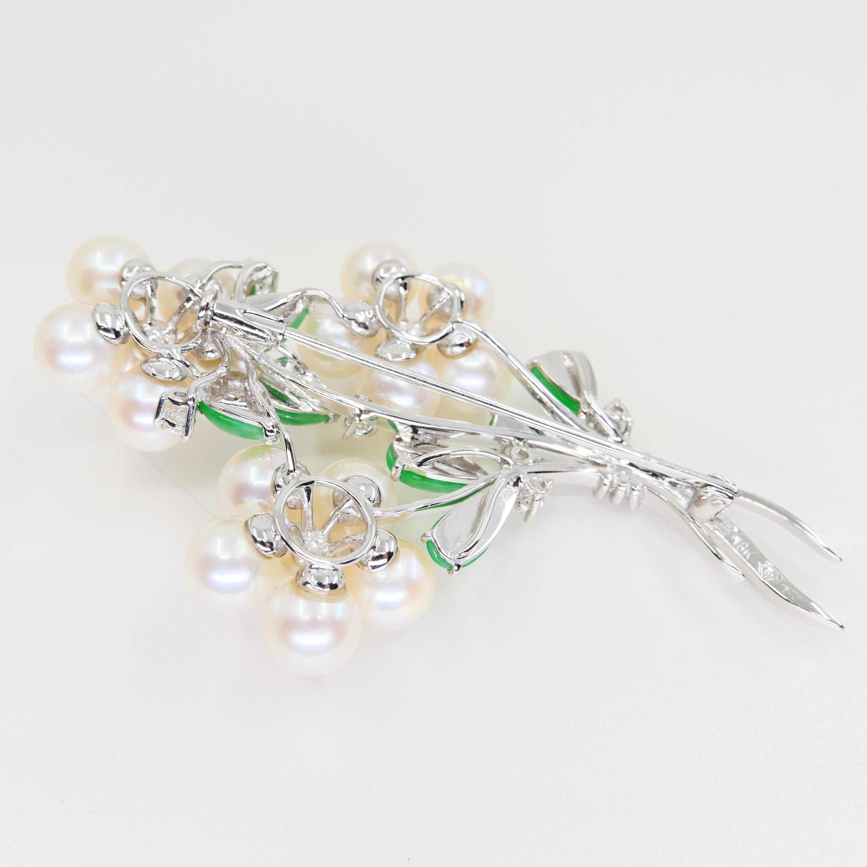 Certified Bright Apple Green Jade, Pearls & Diamond Flower Bouquet Brooch For Sale 5