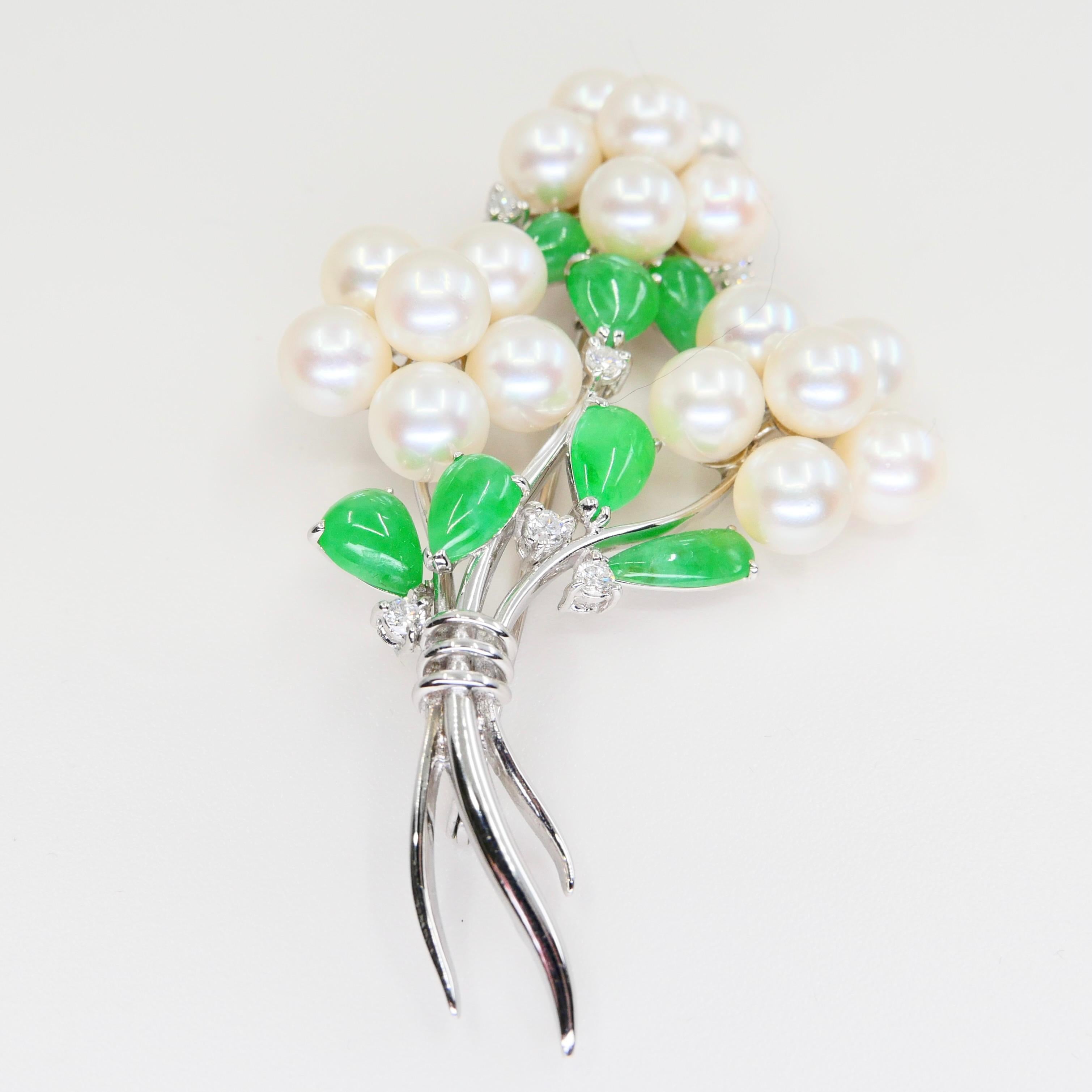 Certified Bright Apple Green Jade, Pearls & Diamond Flower Bouquet Brooch For Sale 6