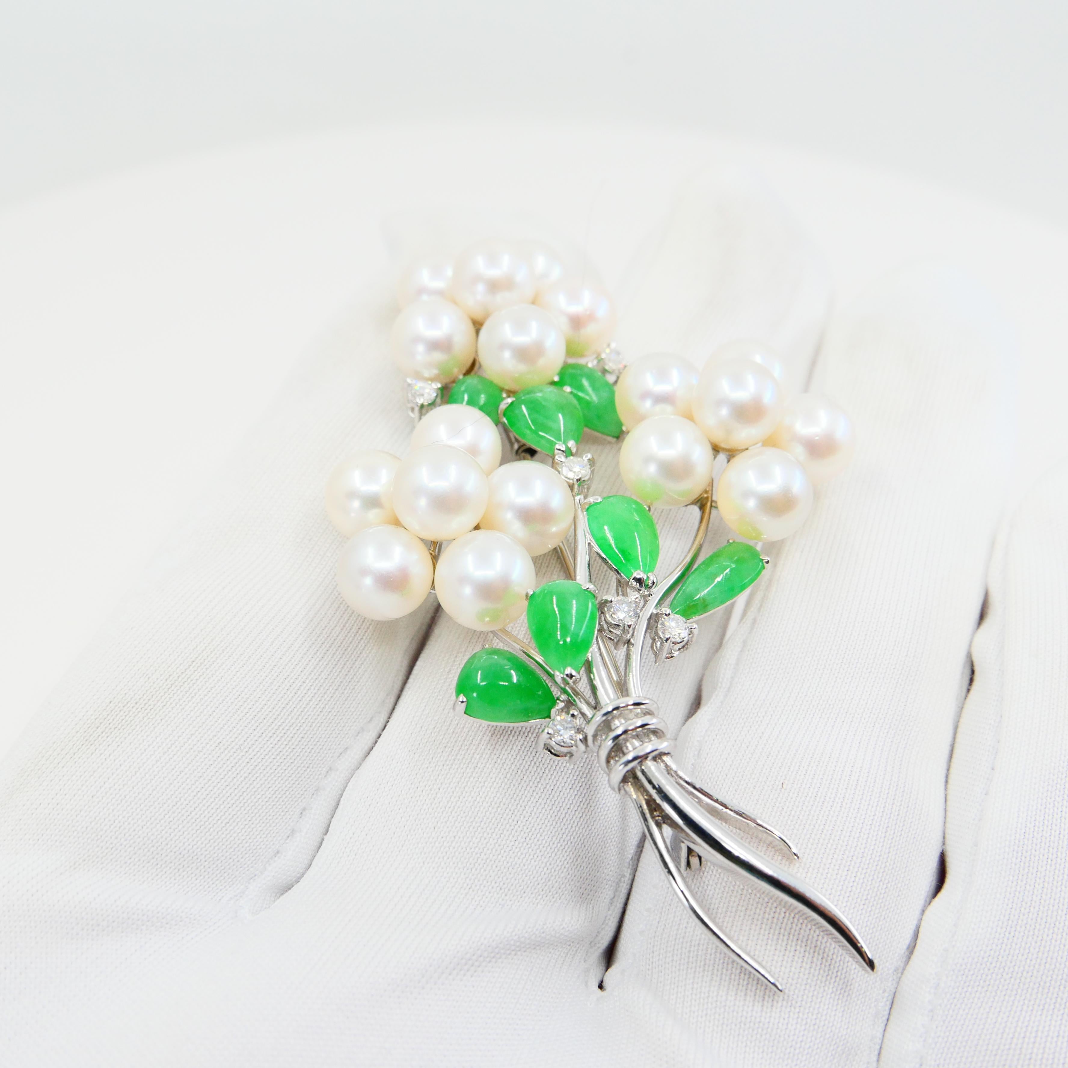 Certified Bright Apple Green Jade, Pearls & Diamond Flower Bouquet Brooch For Sale 7