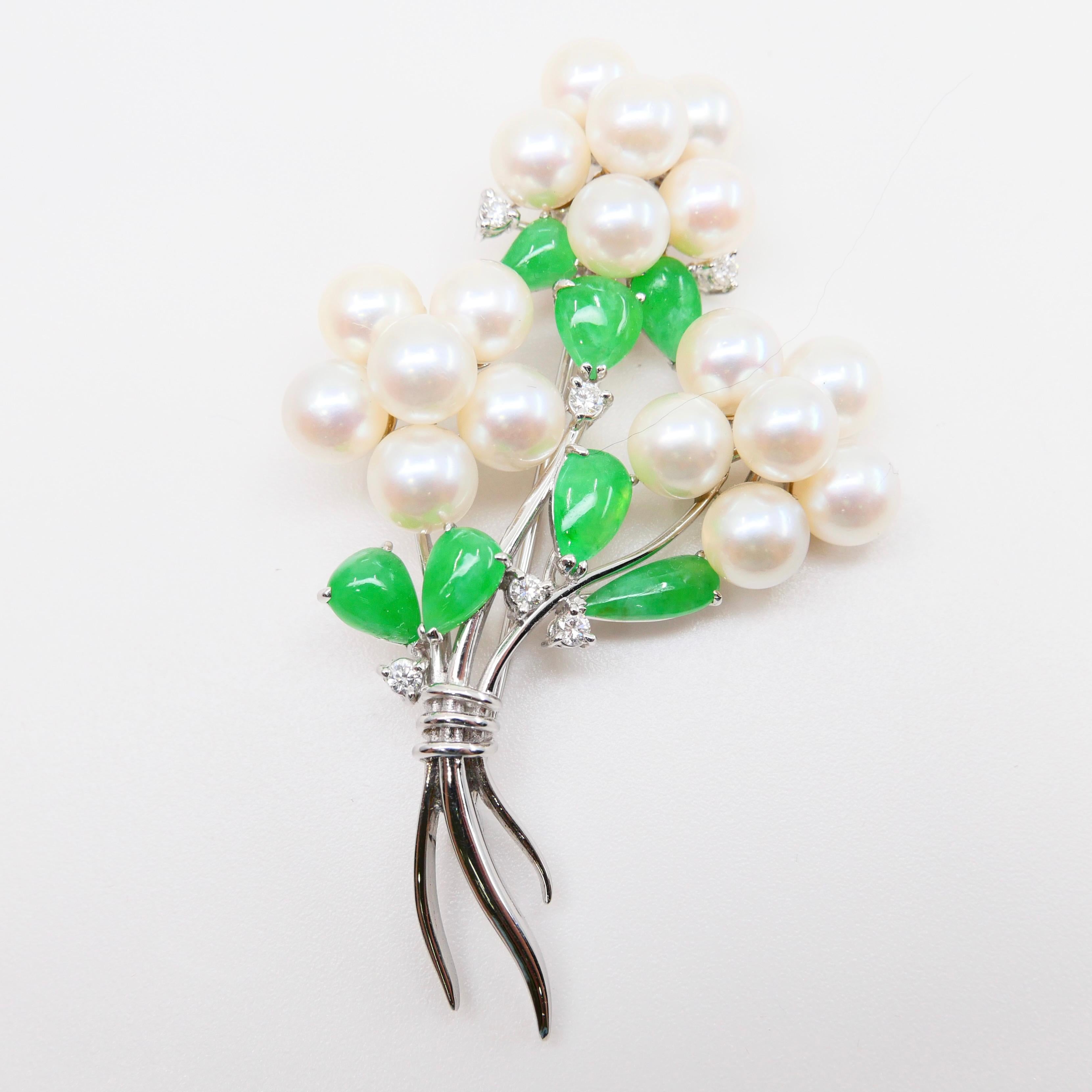 Certified Bright Apple Green Jade, Pearls & Diamond Flower Bouquet Brooch For Sale 8