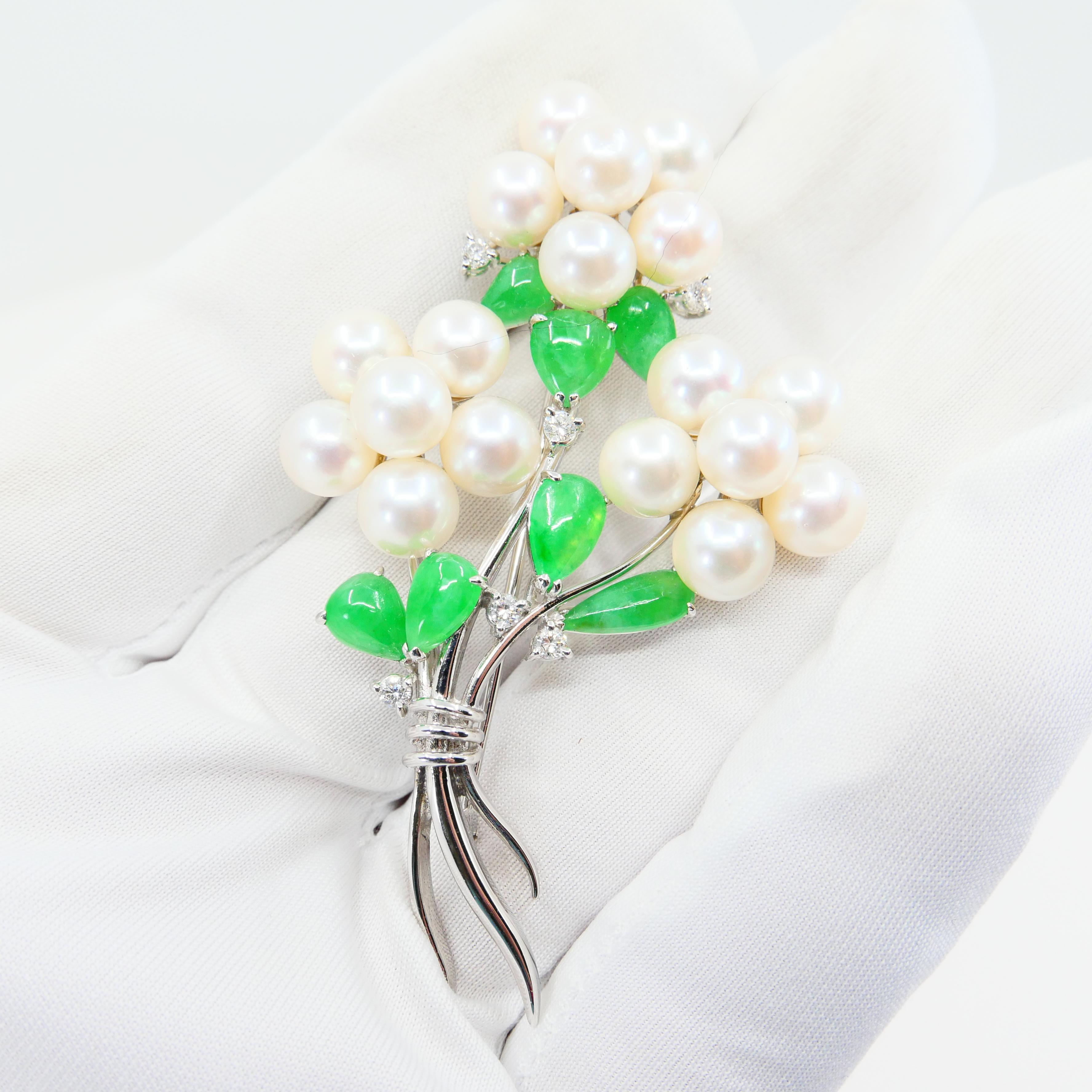 Rough Cut Certified Bright Apple Green Jade, Pearls & Diamond Flower Bouquet Brooch For Sale