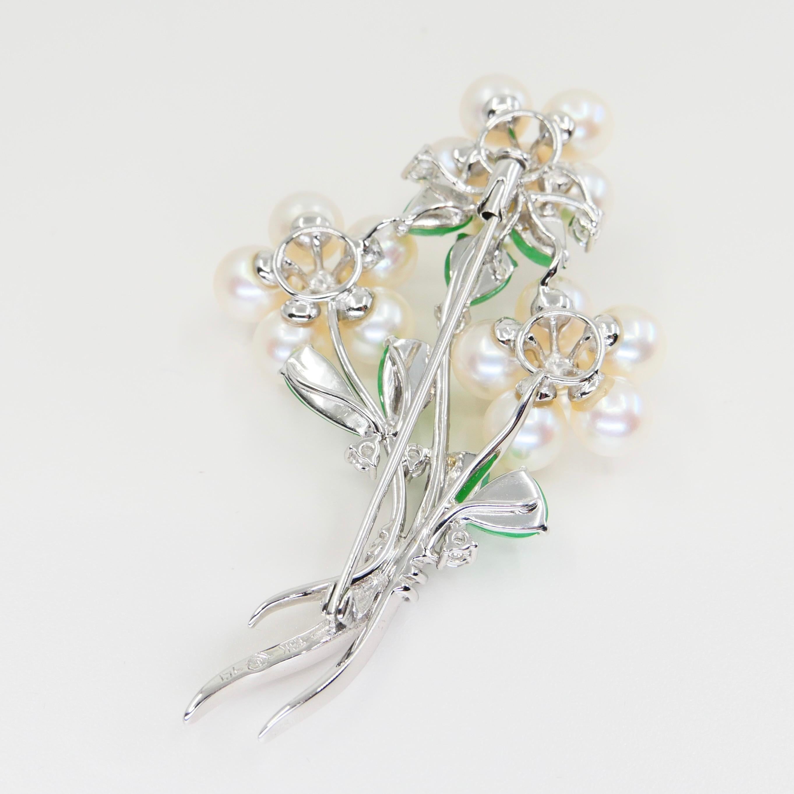 Certified Bright Apple Green Jade, Pearls & Diamond Flower Bouquet Brooch In New Condition For Sale In Hong Kong, HK