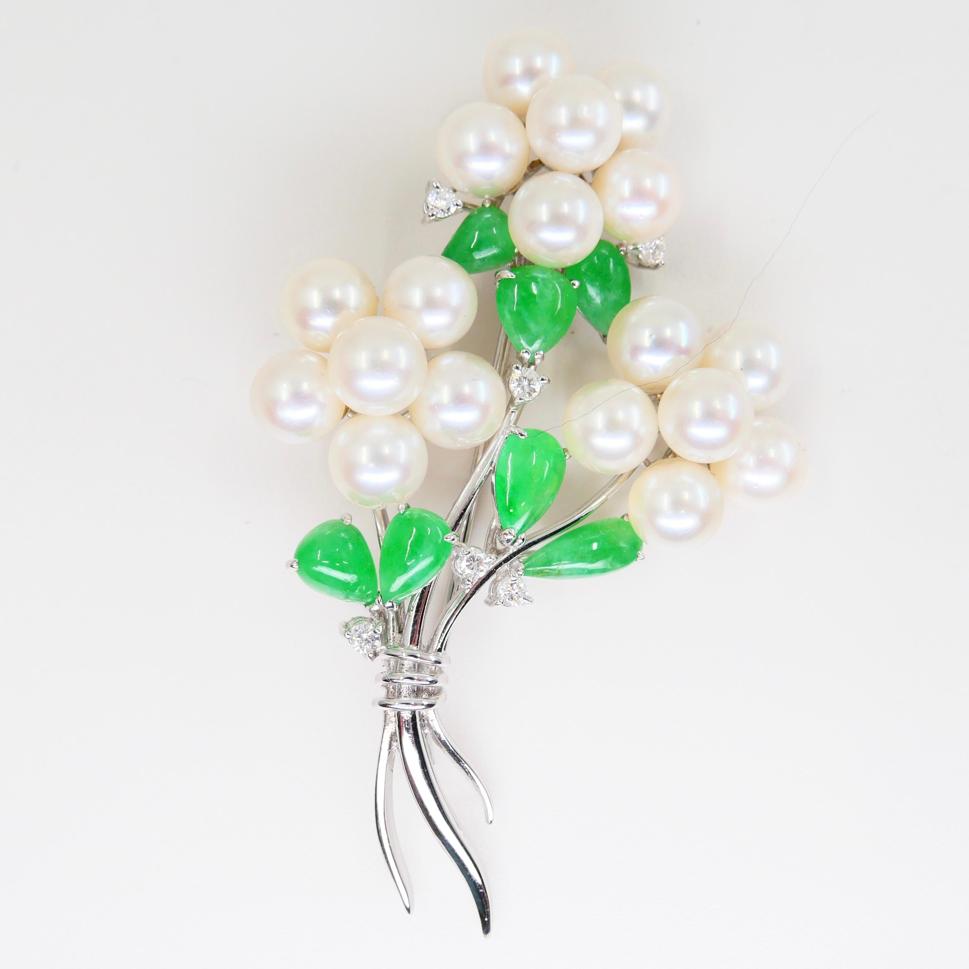 Certified Bright Apple Green Jade, Pearls & Diamond Flower Bouquet Brooch For Sale 1