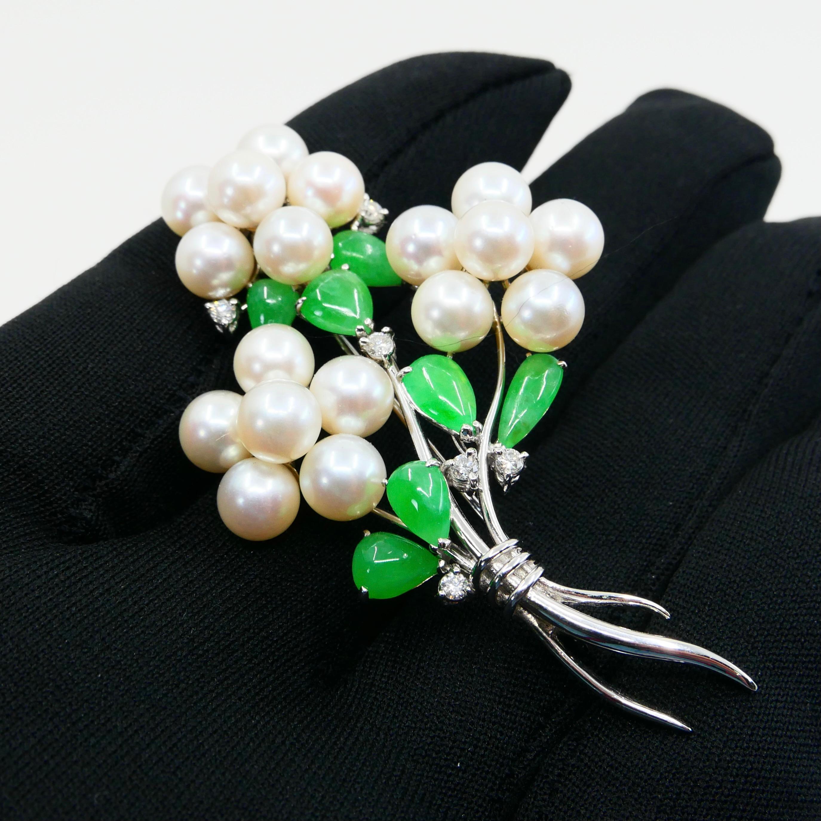 Certified Bright Apple Green Jade, Pearls & Diamond Flower Bouquet Brooch For Sale 2
