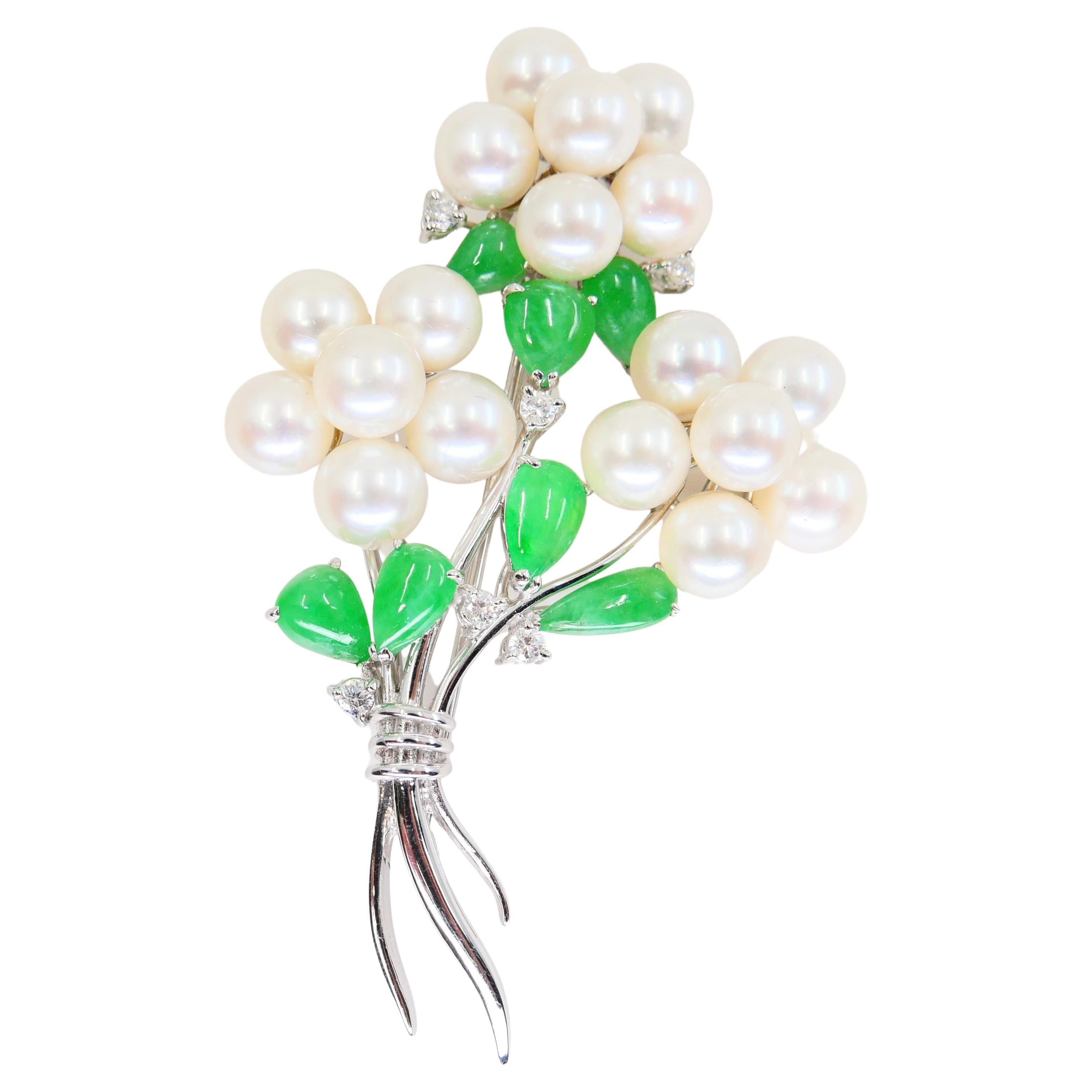 Certified Bright Apple Green Jade, Pearls & Diamond Flower Bouquet Brooch For Sale