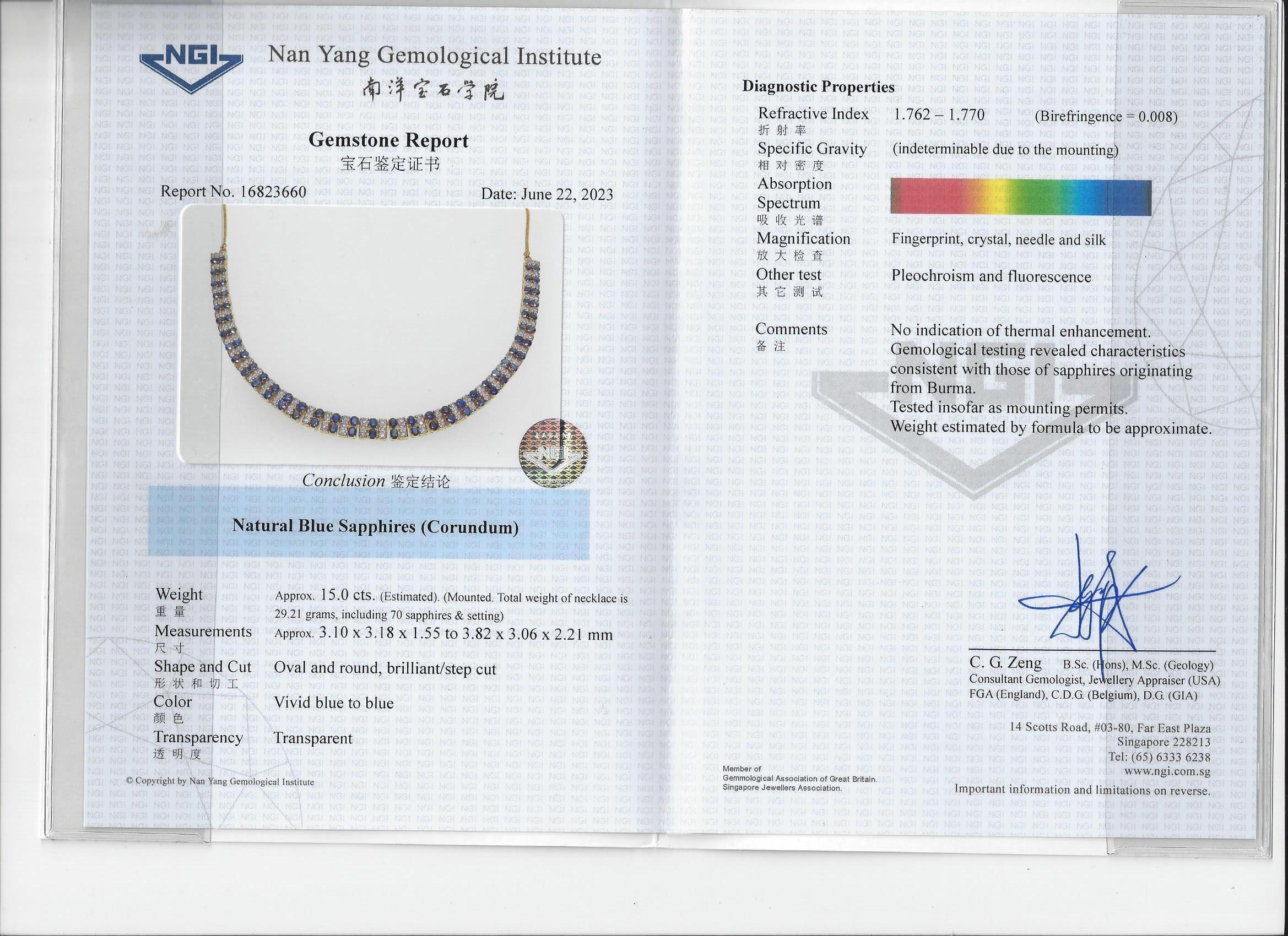 Zertifizierte burmesische unbehandelte blaue Saphir-Halskette mit natürlichen Diamanten aus 18 Karat Gold (Art déco) im Angebot