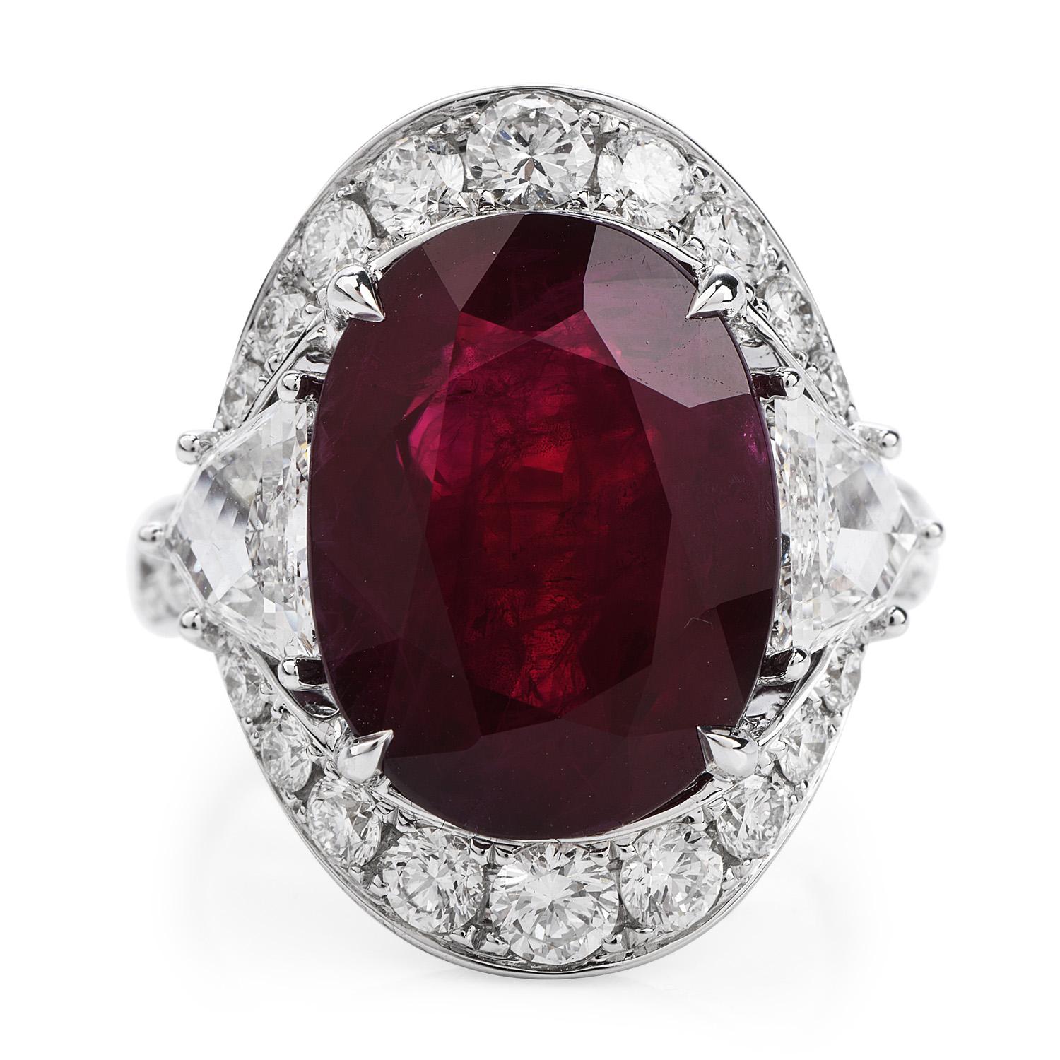 zertifizierter burmesischer roter Rubin 13,45 Karat Diamant 18 Karat Gold Cocktail Ring (Art déco)