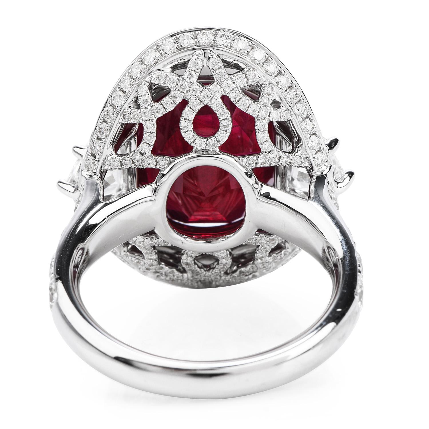 zertifizierter burmesischer roter Rubin 13,45 Karat Diamant 18 Karat Gold Cocktail Ring im Zustand „Hervorragend“ in Miami, FL